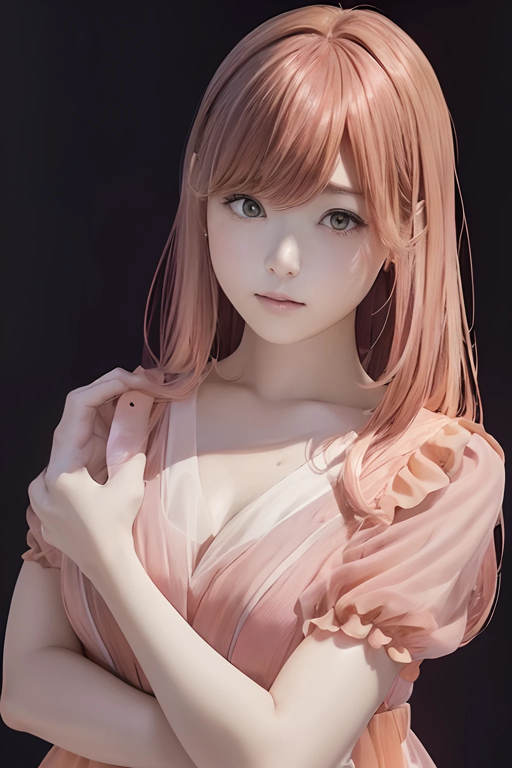(masterpiece:1.3), (8k, photorealistic, RAW photo, best quality: 1.4), (1girl), beautiful face, (realistic face), (pink hair, long hair:1.9), (huge breast), beautiful hairstyle, realistic eyes, beautiful detailed eyes, (realistic skin), beautiful skin, red eyes, (sexy dress), (lace dress), (transparent dress), absurdres, attractive, ultra high res, ultra realistic, highly detailed, golden ratio