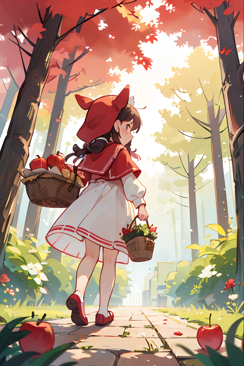Girl dressed to go on an adventure、Dressed as Little Red Riding Hood、bustup、Walking while humming、Looks like a lot of fun、There is a basket with apple pie、Take low-angle shots from behind