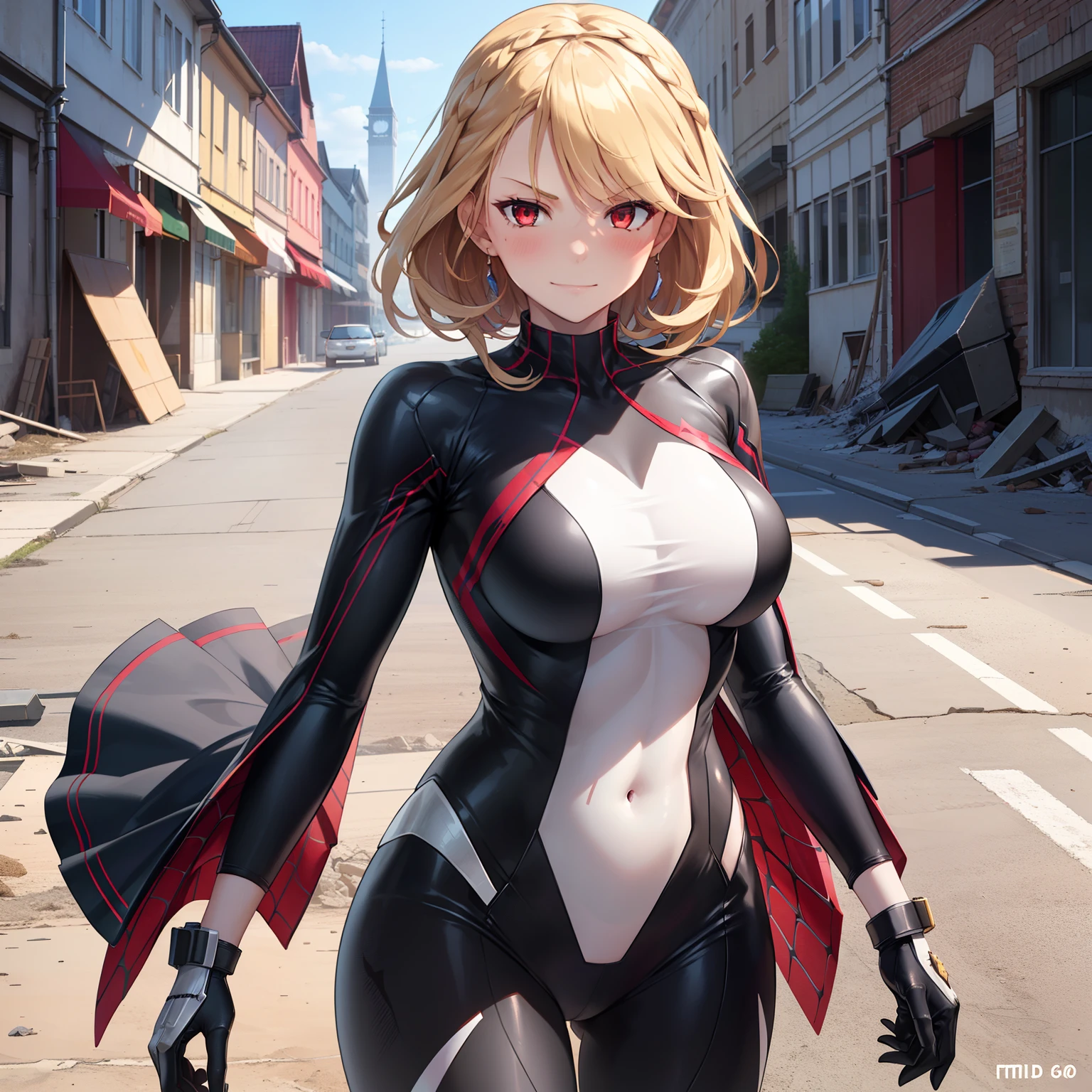 1girl,big breasts,standing in ruined city,(8k),scratches,detailed face,blond hair,red eyes,medium hair,embarassed,small smile face,high_res, high_definition,the battlefield,Heroic pose,dark suit,(symbiote spider man Custome:1.1),