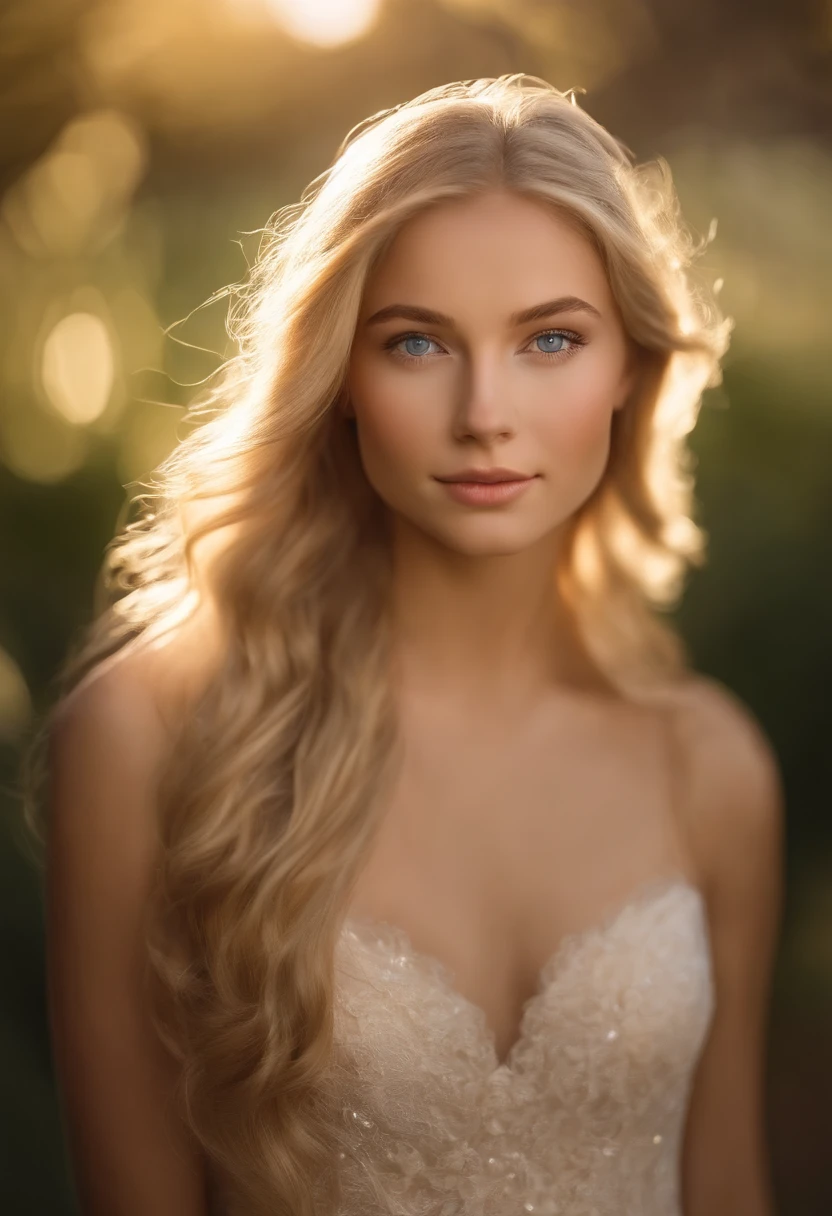 A photorealistic portrait of a 18-year-old American girl with long, flowing blond hair and striking blue eyes. She should have a natural, approachable expression and be illuminated by soft, golden-hour sunlight. The background should be a scenic outdoor setting, perhaps a sunlit park or beach. Capture this image with a high-resolution photograph using an 85mm lens for a flattering perspective.