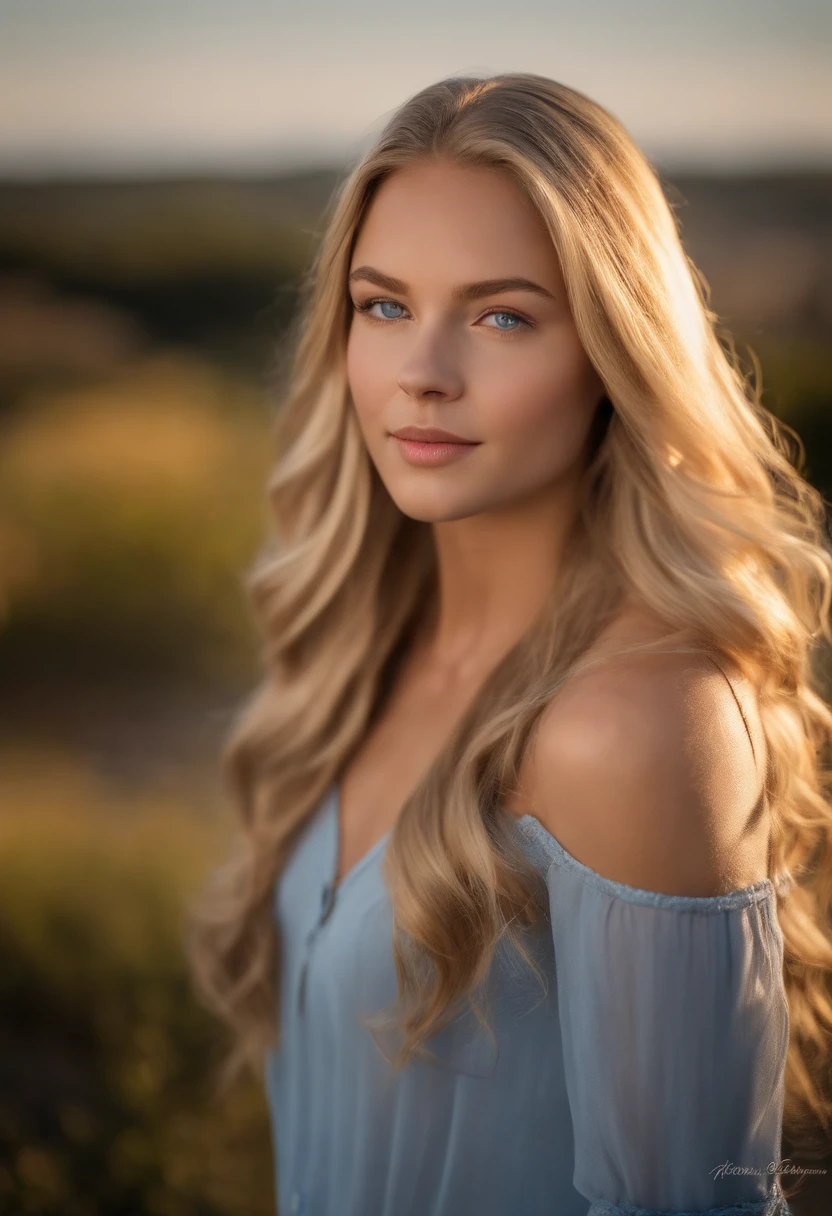 A photorealistic portrait of a 18-year-old American girl with long, flowing blond hair and striking blue eyes. She should have a natural, approachable expression and be illuminated by soft, golden-hour sunlight. The background should be a scenic outdoor setting, perhaps a sunlit park or beach. Capture this image with a high-resolution photograph using an 85mm lens for a flattering perspective.