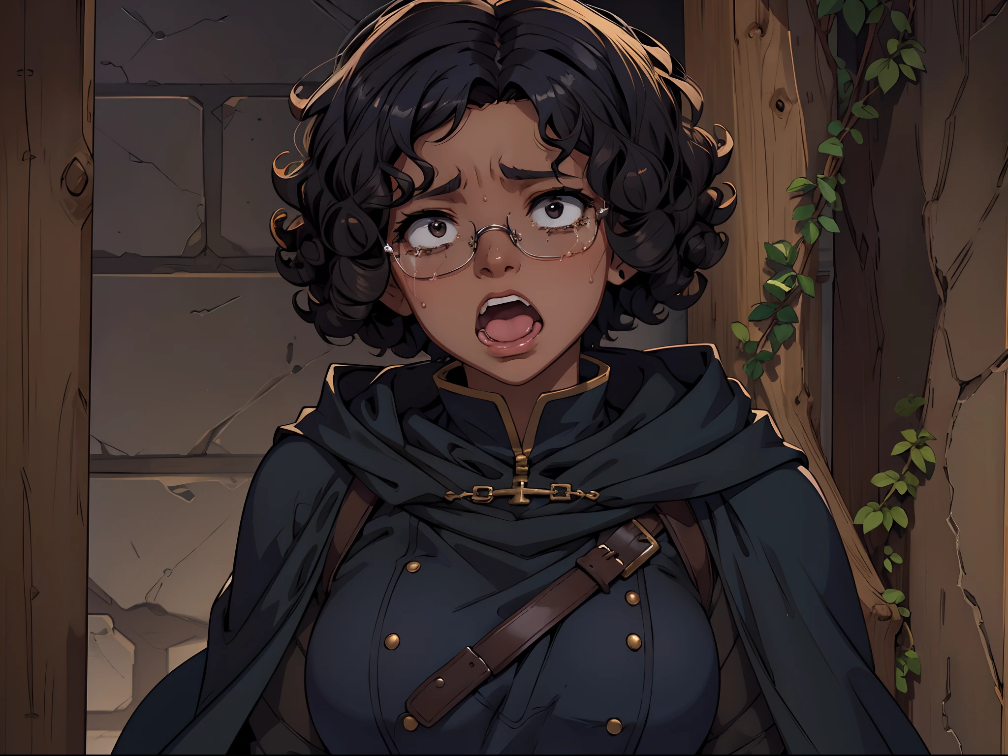 Solo, female, open mouth, big , dark skin, (((short hair, messy hair))), very dark brown hair, glasses, imminent blowjob, imminent fellatio, 1boy, 1 girl, muscular man, forest, on all fours, tunic, cloak, linen, ((tears, makeup running down her cheeks, mascara running, crying, terrified, scared)), strong man grabbing her head