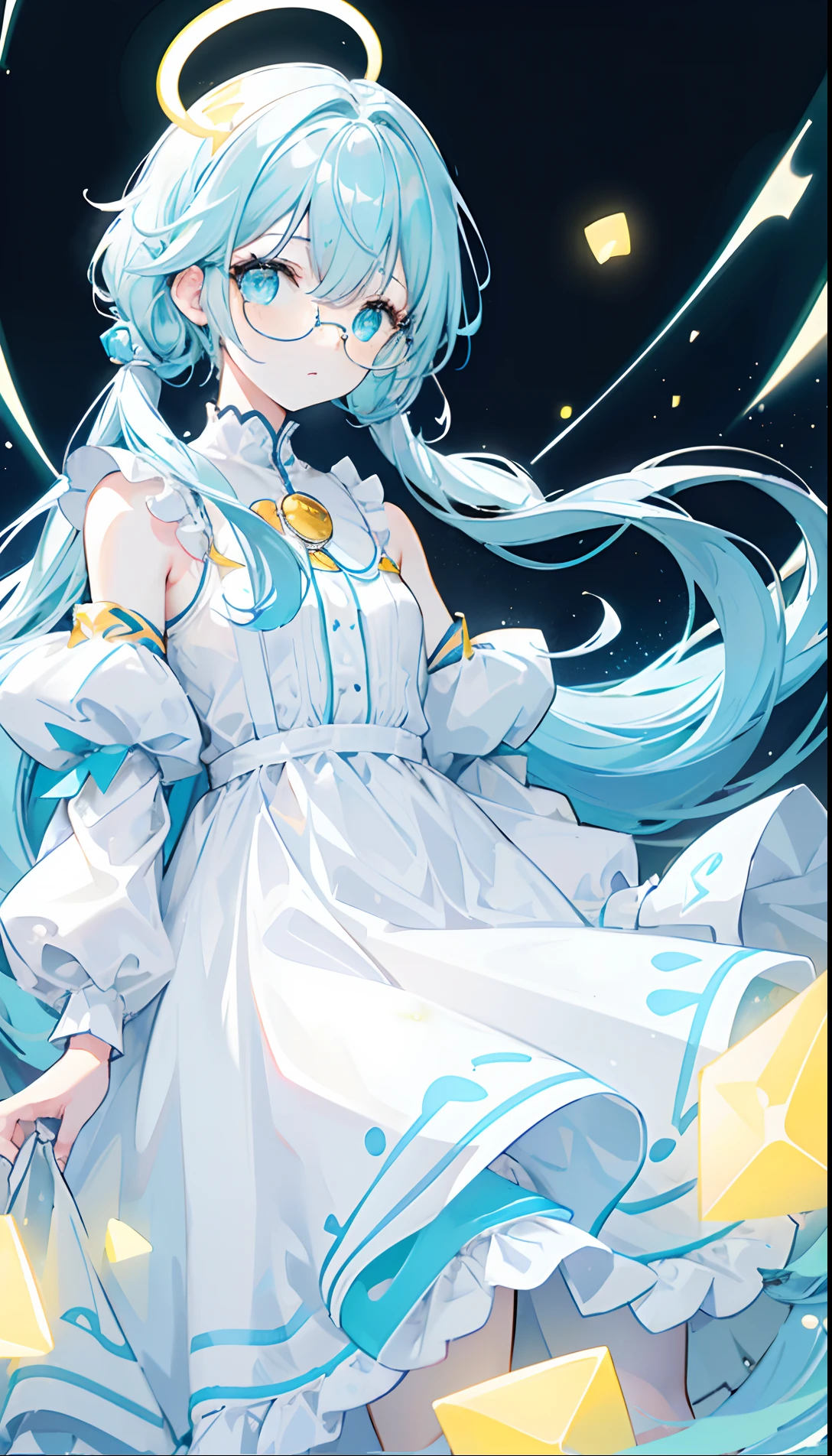 Long light blue hair,White glasses,Various light blue with light yellow princess dresses look a little intellectual and cute, Poor and simple yellowish pigtail,Glowing,black-frame glasses,Various light yellowish white with light golden yellow dresses look a little cute,The eyes are a brilliant golden yellow,Fluorescent,Poor milk and simple,There is fluorescence on the whole