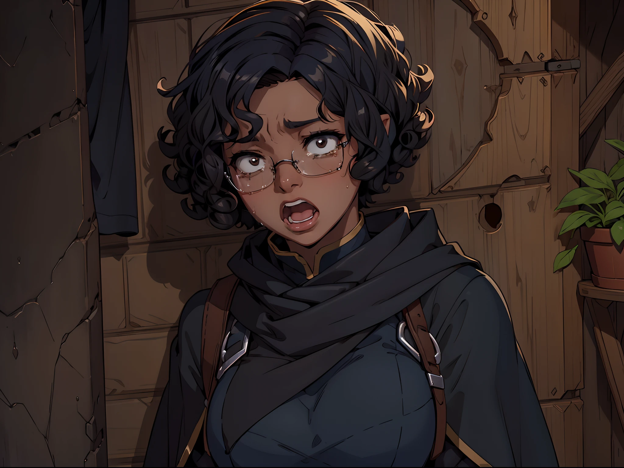 Solo, female, crying, open mouth, terrified, (dark skin), glasses, (((short hair, curly hair))), black hair, (knight), fantasy village, tunic, (navy cloak),