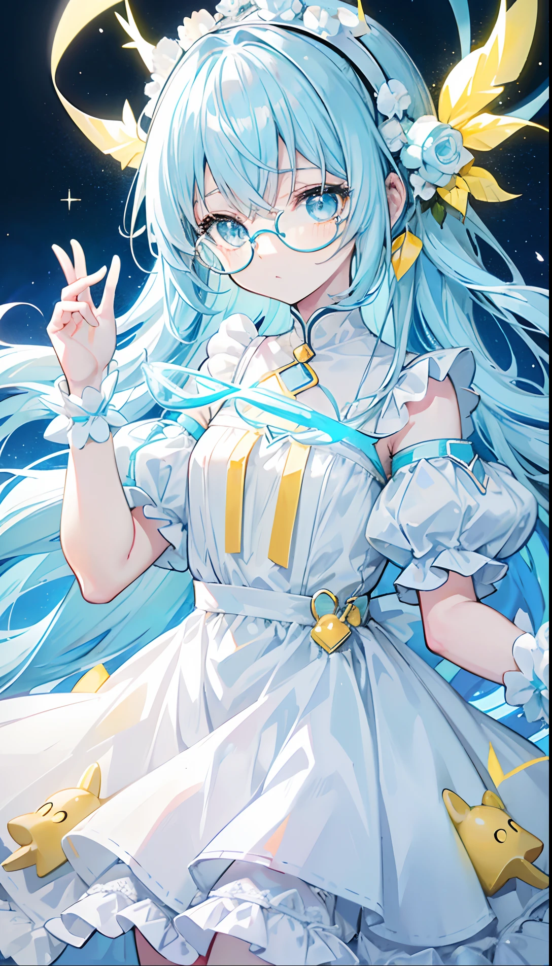 Long light blue hair，White glasses，Various light blue with light yellow princess dresses look a little intellectual and cute, Poor and simple yellowish pigtail，Glowing，black-frame glasses，Various light yellowish white with light golden yellow dresses look a little cute,The eyes are a brilliant golden yellow，Fluorescent，Poor milk and simple，There is fluorescence on the whole