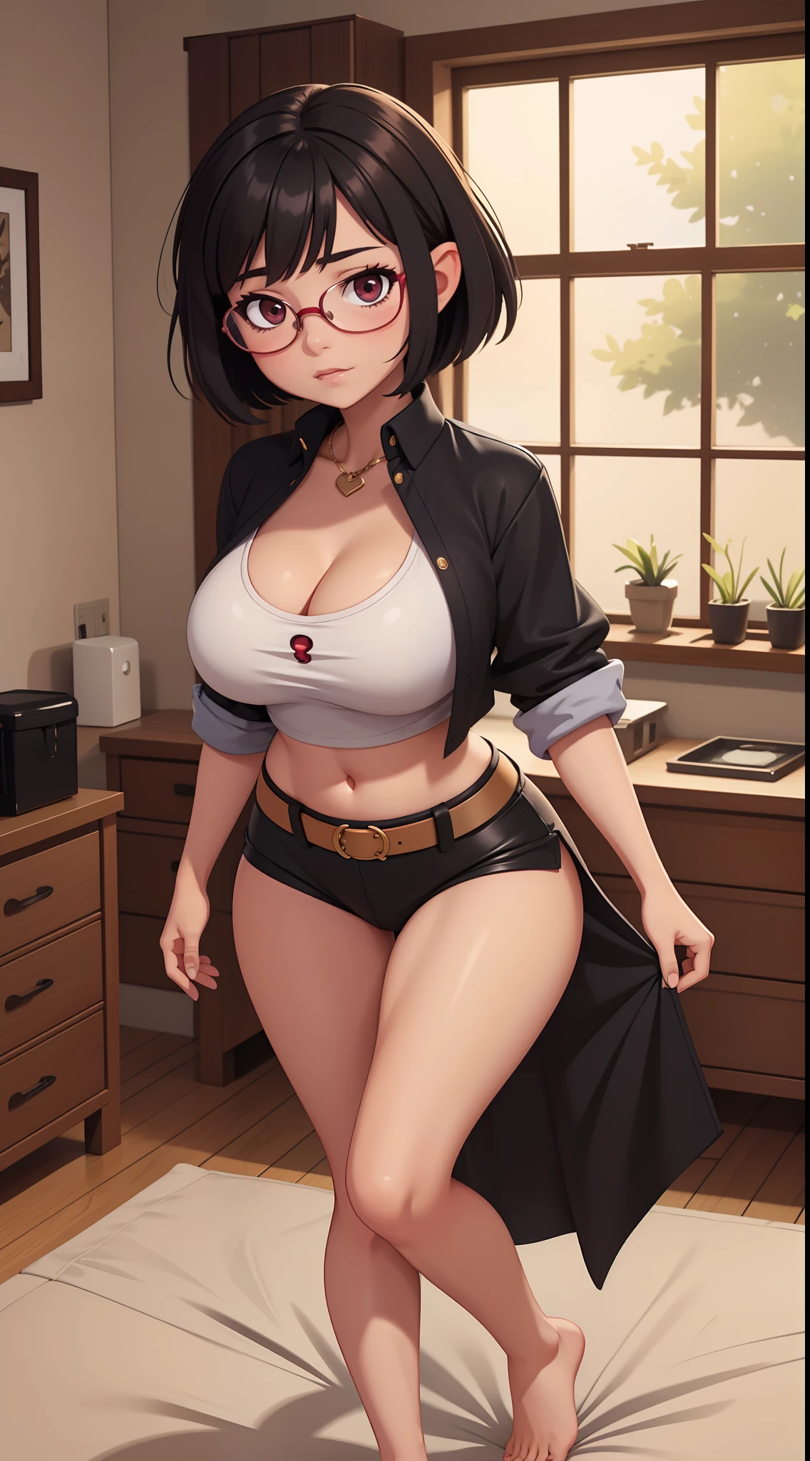 1girll,dark elves,Yuruchara style, Large breasts,cleavage, big cuvy hips, Crop top shirt, Bedrooms, eye glass,with short black hair,Young,Barefoot