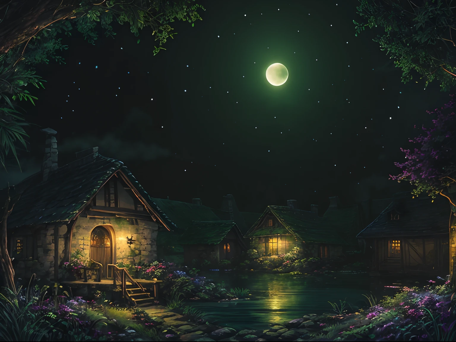 fantasy, dim, gloomy green, elf village detailed window frames, jungle, twinkling stars, moonlit sky,silent tranquility,gloomy silhouette,luminescent glow,mystical atmosphere, night flowers