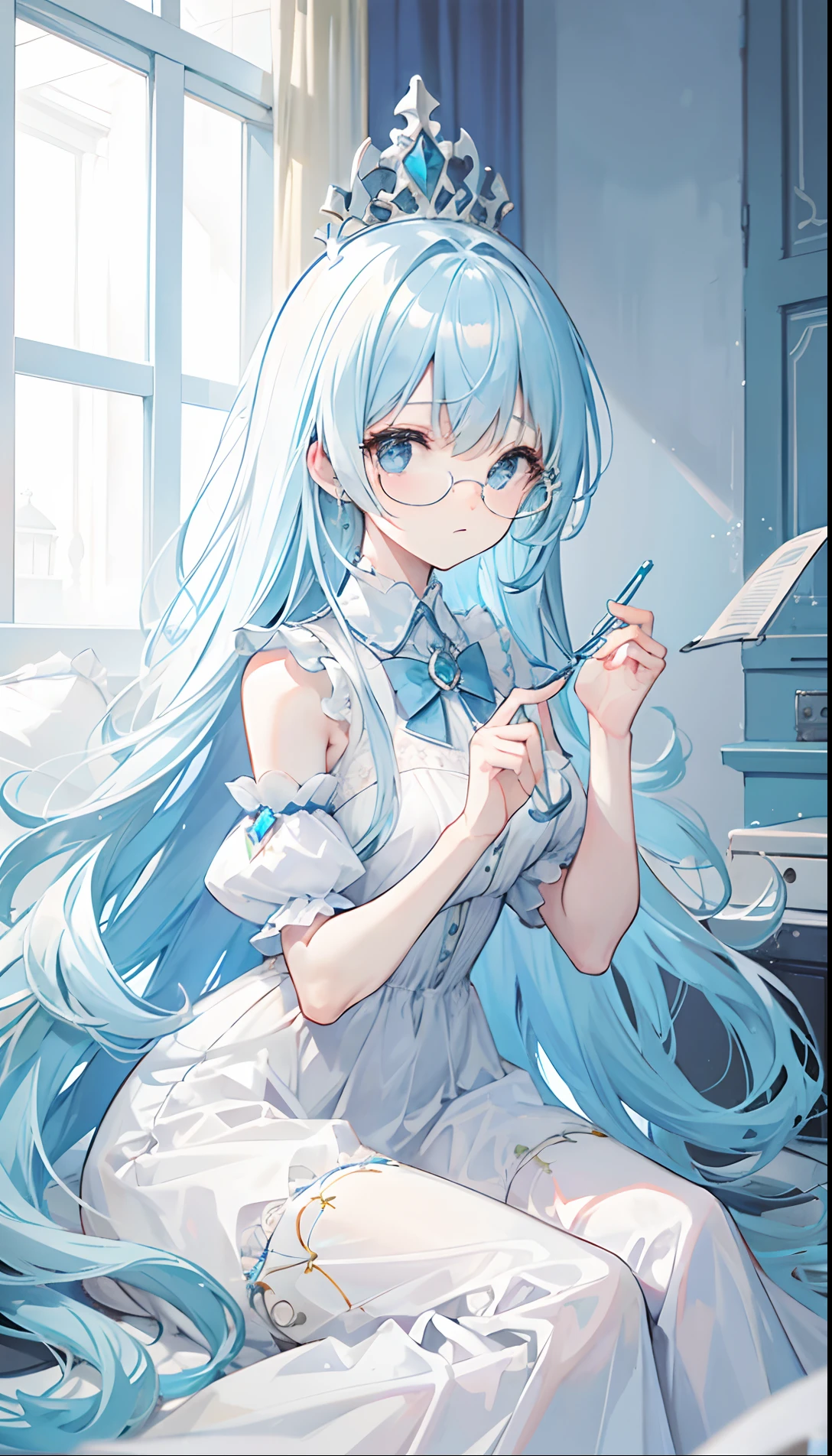 Poor and simple light blue long hair,White glasses,Various light blue with light yellow princess dresses look a little intellectual and cute