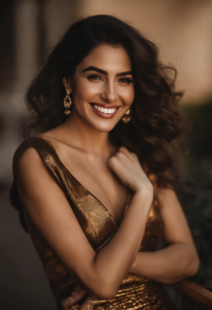 Mujer Arabe con un vestido negro y un anillo de oro, con una sonrisa elegante, 30-year-old woman, sonrisa encantadora, hermosa y sonriente, instagram post, She is grinning, con una hermosa sonrisa, lorena avarez, alanis guillen, sonrisa perfecta, she is smiling and happy