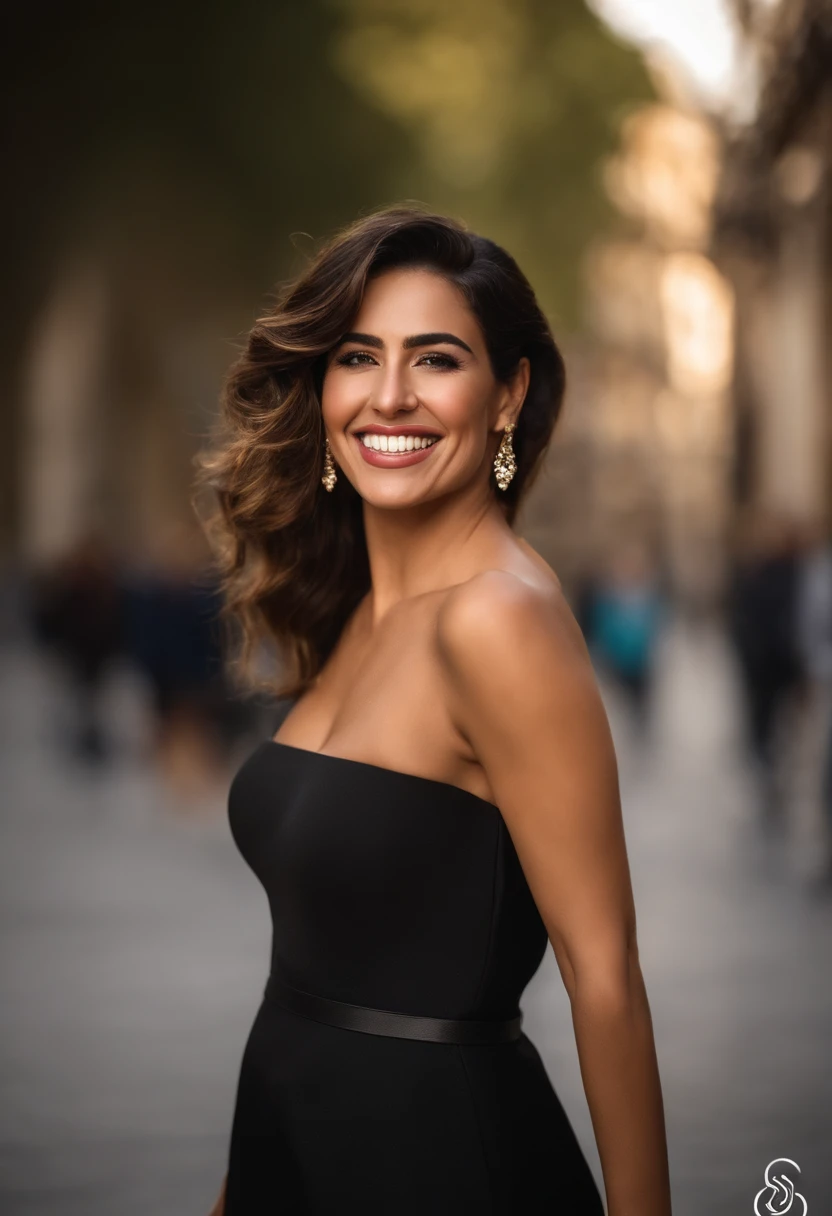 Mujer Arabe con un vestido negro y un anillo de oro, con una sonrisa elegante, 30-year-old woman, sonrisa encantadora, hermosa y sonriente, instagram post, She is grinning, con una hermosa sonrisa, lorena avarez, alanis guillen, sonrisa perfecta, she is smiling and happy