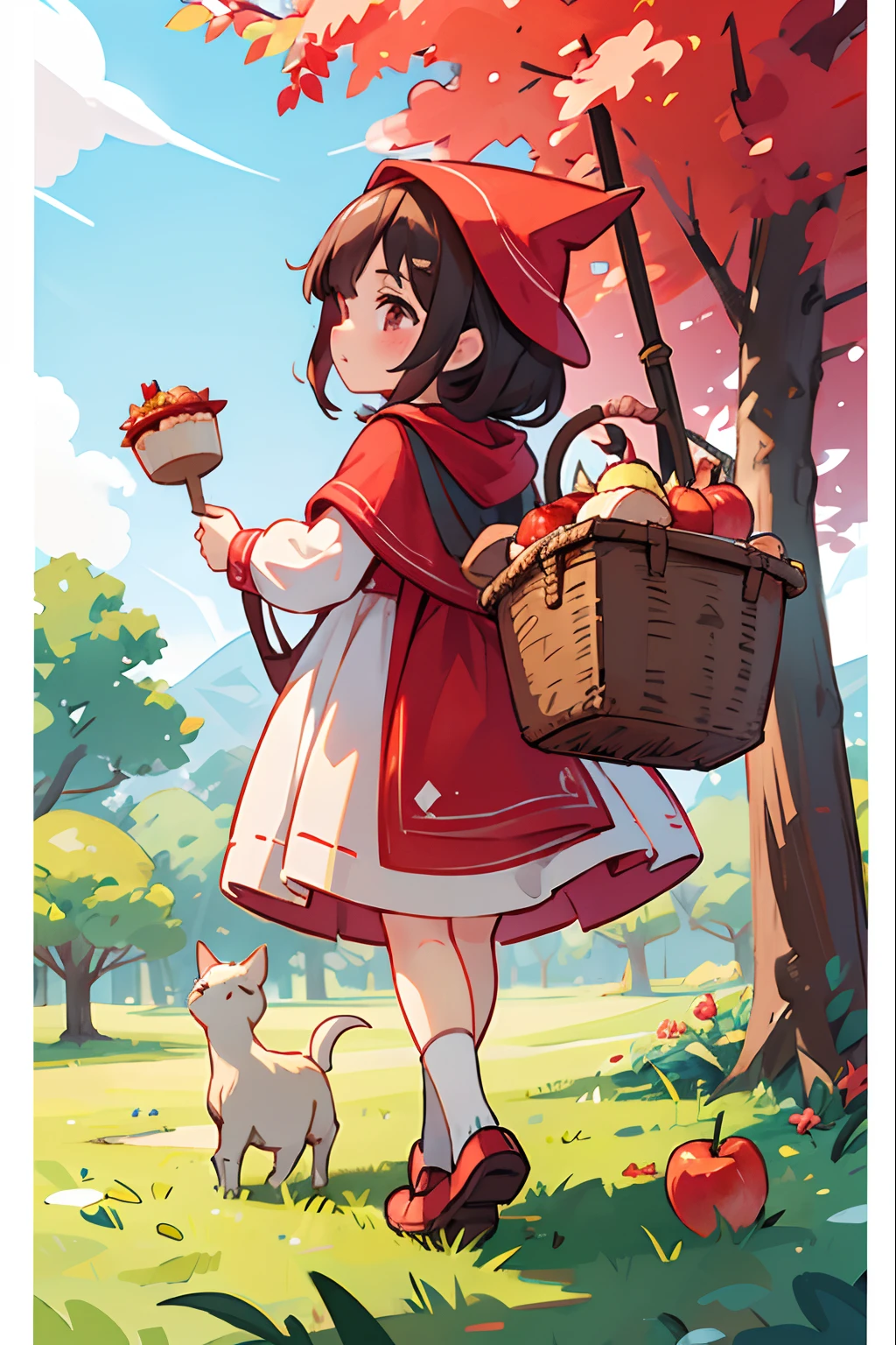 Girl dressed to go on an adventure、Dressed as Little Red Riding Hood、bustup、Walking while humming、Looks like a lot of fun、There is a basket with apple pie、Take low-angle shots from behind