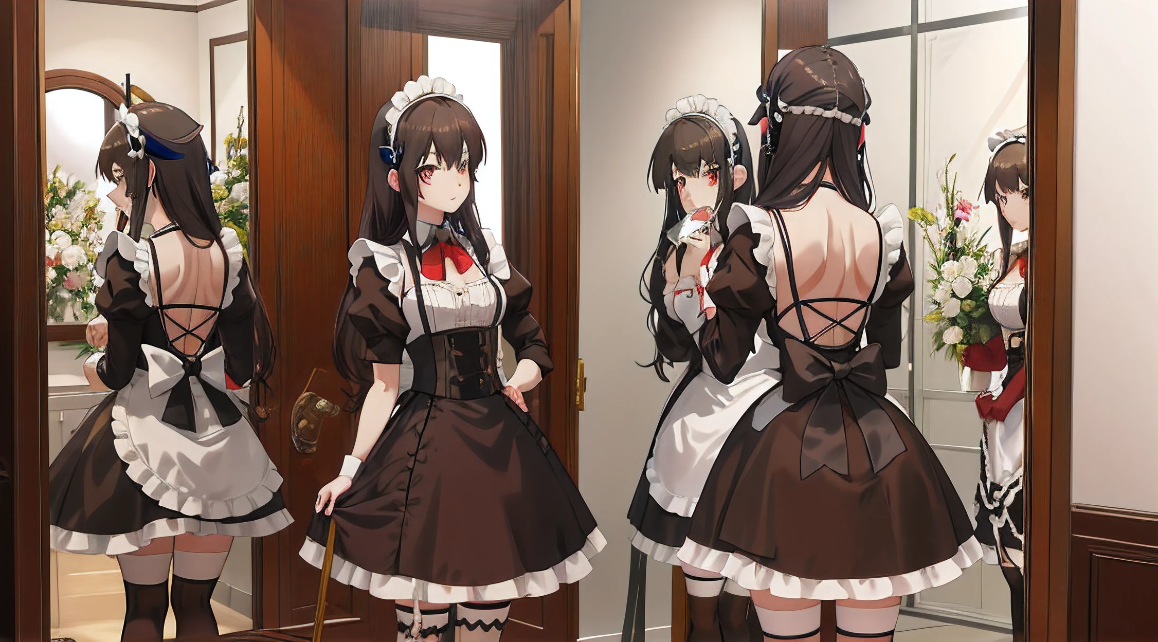 Anime character in maid clothes standing in mirror and room, gorgeous maid, anime girls in maid costumes, maid, anime cat girl in a maid costume, anime maid ss military, anime maids riding early tanks, maid dress, a sexy maid in a magical forest, wearing a maid outfit, Fine details. girls' frontline, shikamimi