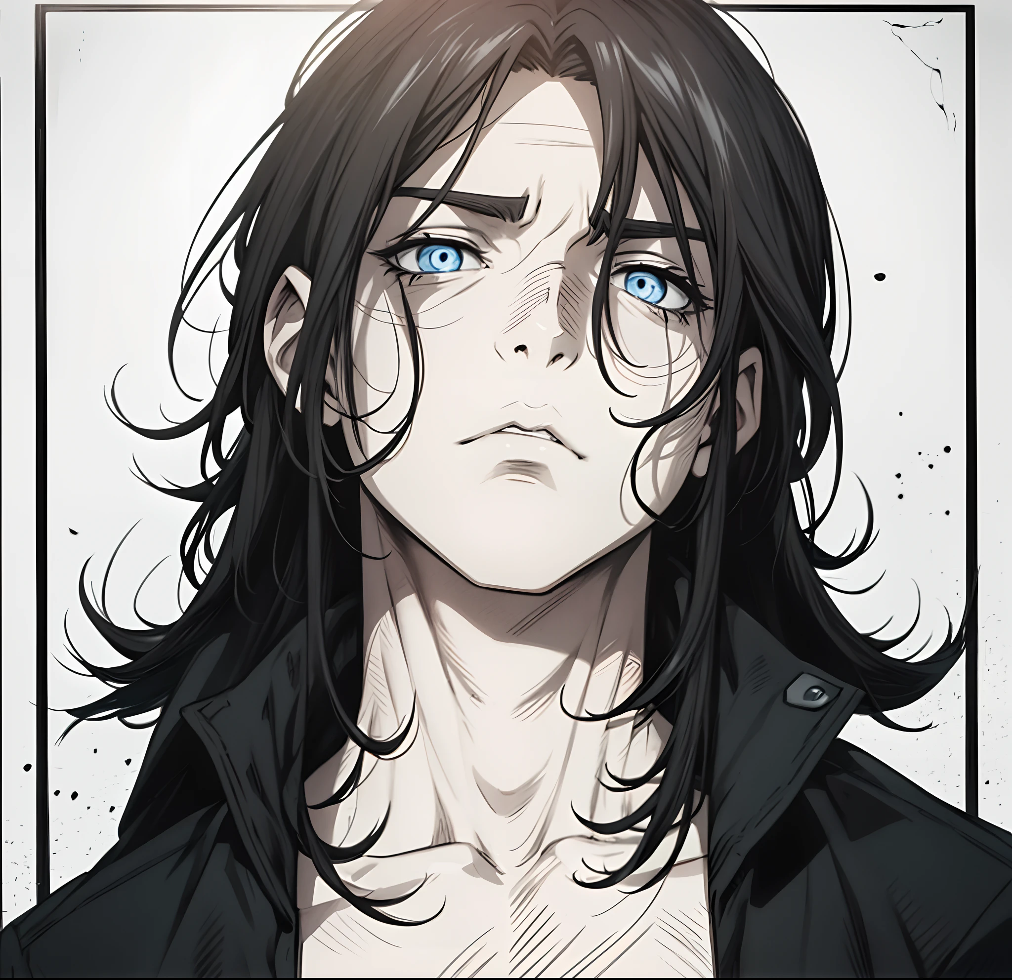 homem de cabelo longo preto,corpo inteiro, roupas completamente brancas,with seam scar on neck,Serious and blank gaze,olhos brancos,manga-style