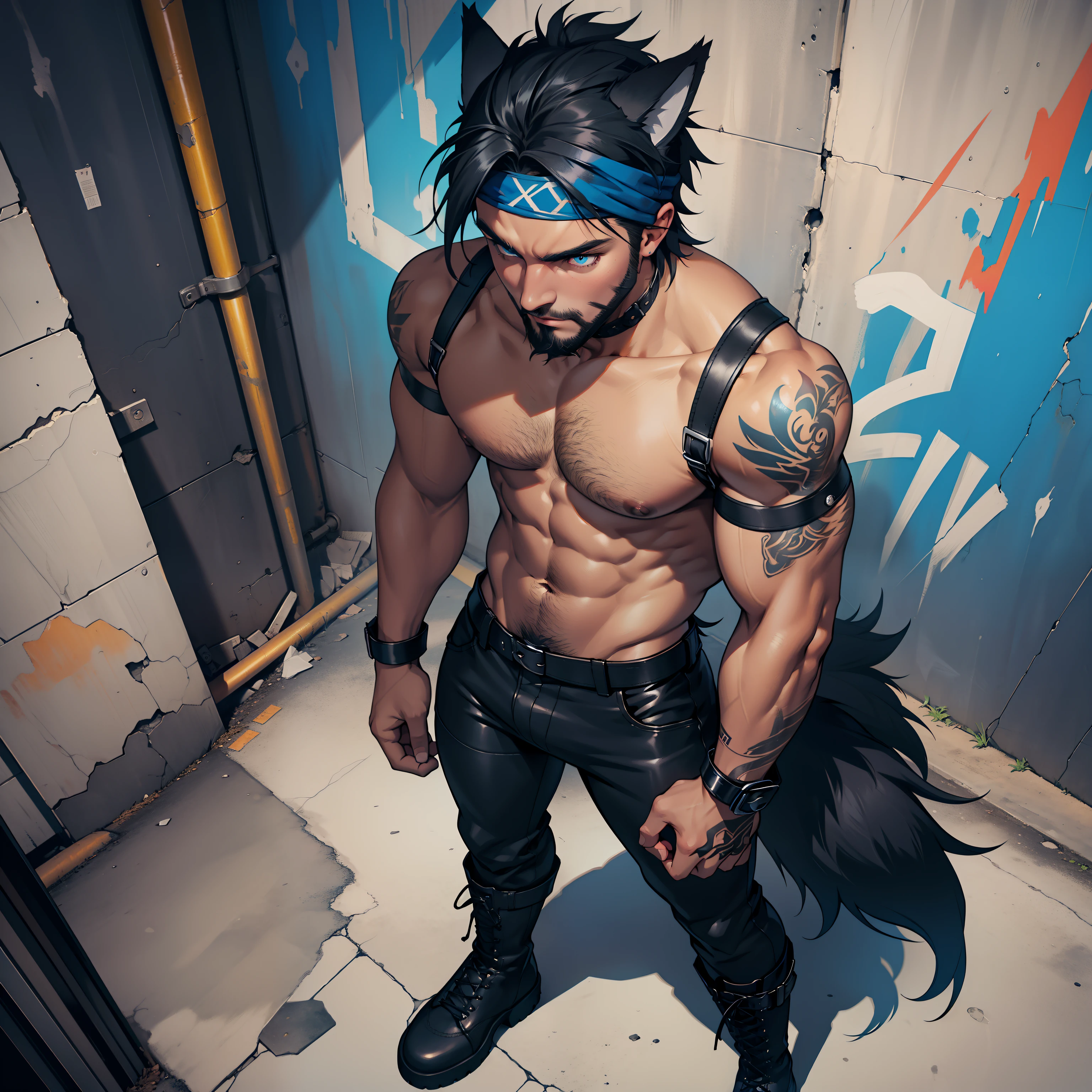 submissive gay boy ((wearing black boots)), full body shot, viewed from above, masculine male with short beard, body hair, ((dark tanned skin)), bulge, short cropped rainbow hair, ((has wolf ears)), ((has wolf tail)), smoky grunge punk graffiti, wearing skintight pants, sagging low on his hips, solo, alone, has glowing blue eyes, covered in blue tattoos, wearing bandana and leather wrist bands, wearing fingerless gloves, muscular thighs