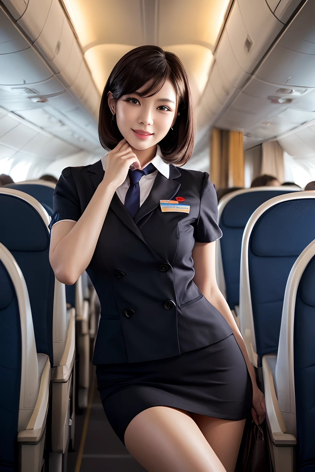 1 woman, 20 years、african woman, hyperdetailed face、Detailed lips、A detailed eye、二重まぶた、(Black bob hair、Like a stewardess on an airplane々Doing a good job)、(Stewardess uniform:1.2)、(Glamorous body)、smile、thighs thighs thighs thighs, Perfect fit, Perfect image realism, Background with: (Business Class aisle on airplanes:1.2), Cowboy Shot, Meticulous background with, detailed costume, Perfect lighting、Hyper-Realism、(Photorealistic:1.4)、8K maximum resolution, (masterpiece), highly detailed, Professional