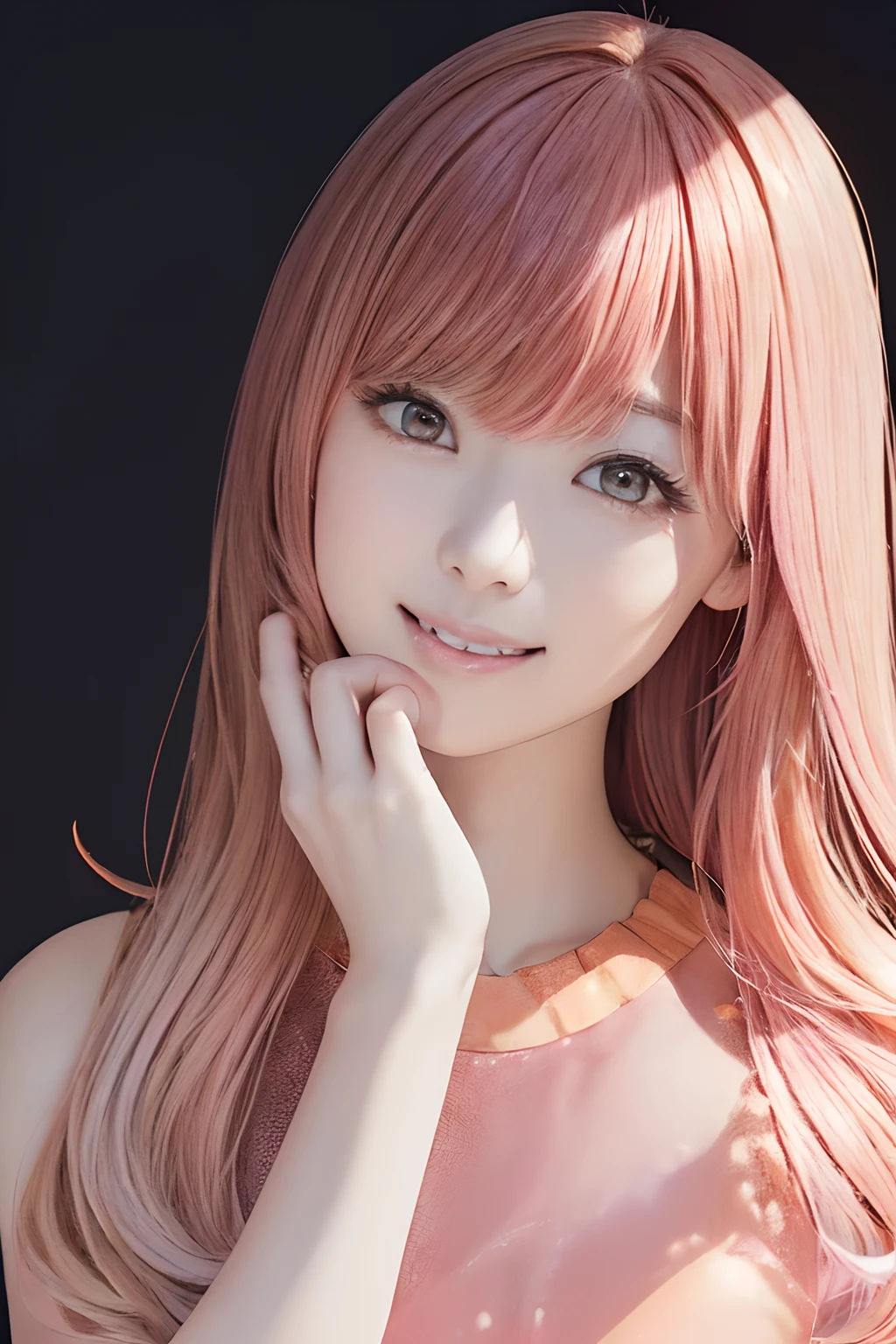 upperbody shot、(((black backgrounds)))、front facing、an oil painting、​masterpiece、top-quality、front facing、hight resolution、(((Peach-colored hair)))、A smile、(((pink clothing)))、long、(((Peach-colored dress)))、femele１a person、(((Hands around the mouth)))、Secret story、Talking