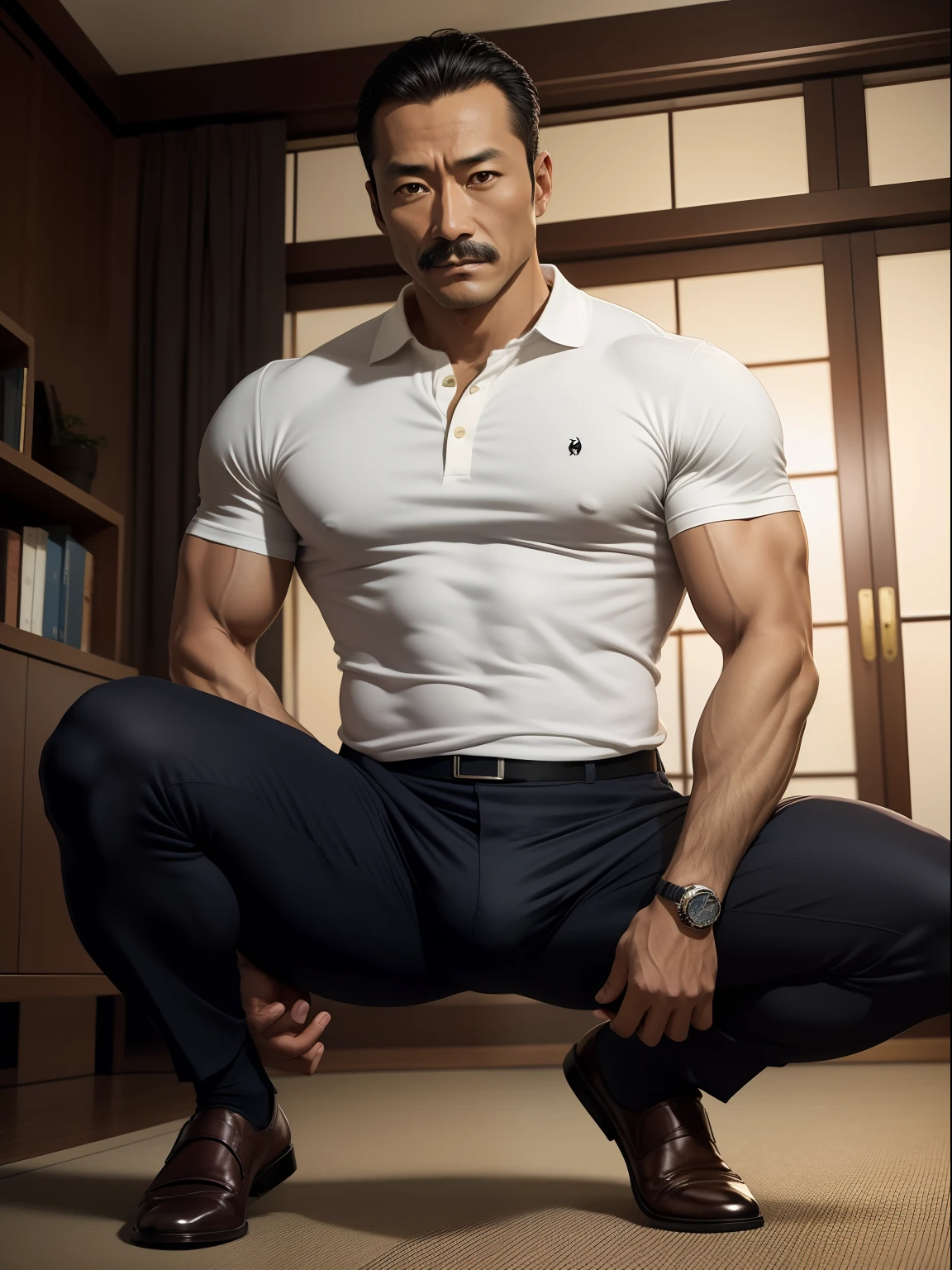 45 yers old，Hidetoshi Nakata ，（Kogoro Mouri 1.3），浴室，A muscular man crouches，Raised butt，leg wide open，Crotch contour，wearing an sexy underwear，Polo shirt，with mustache，tmasterpiece，k hd，the feet，semi transparent，black long socks，The barefoot，Thick chest hair，dark-skin，scowling，ssmile