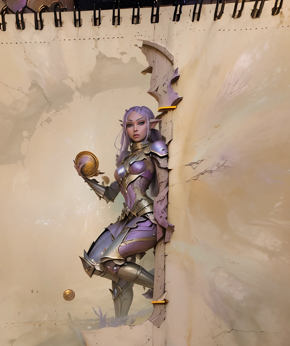 Graphic novel, design, female, drow elf warrior, purple shinning metal plate, armor with silver edges, violet skin, golden left hand gauntlet,