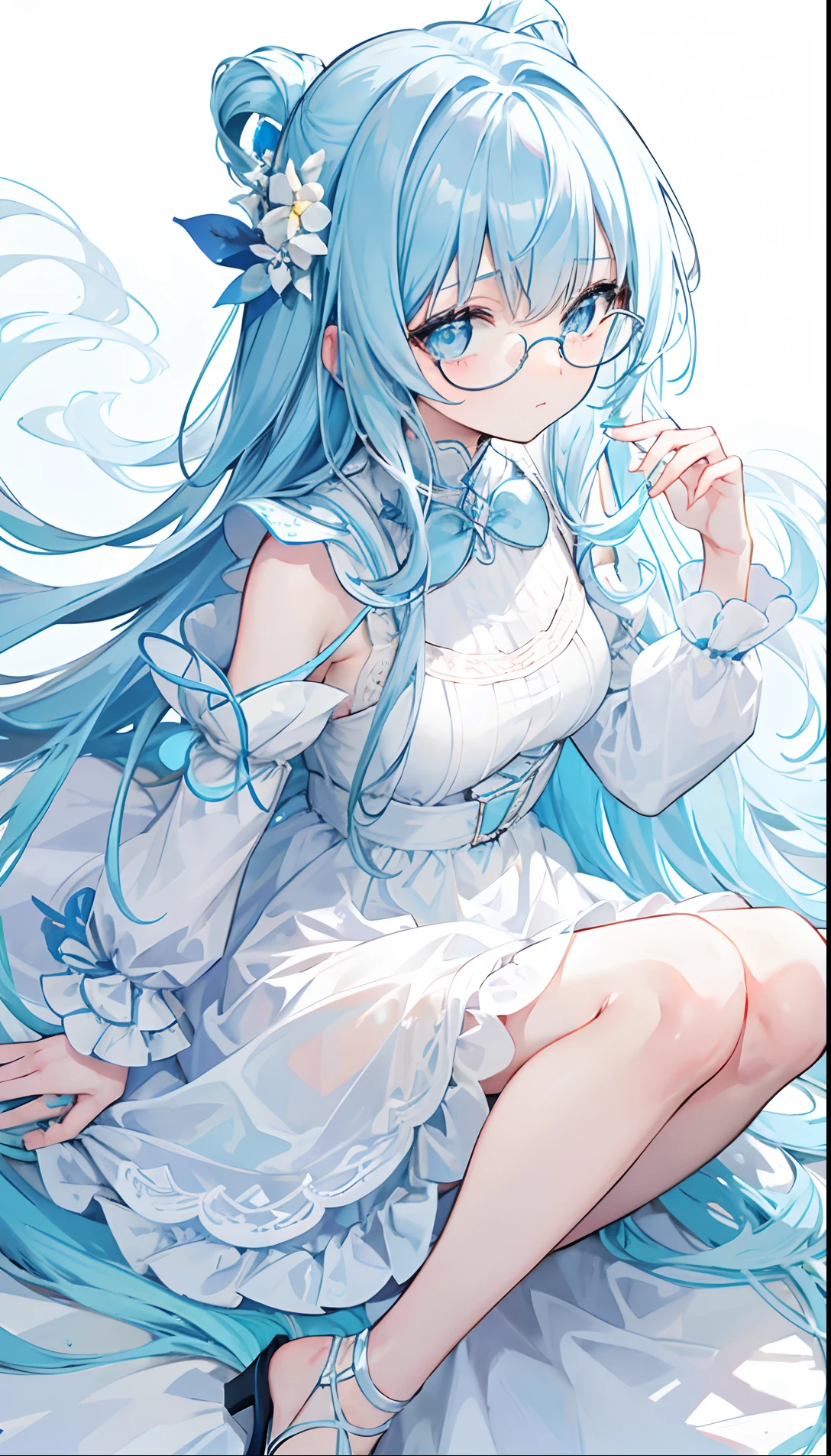 Poor and simple light blue long hair，White glasses，Various light blue with light yellow princess dresses look a little intellectual and cute