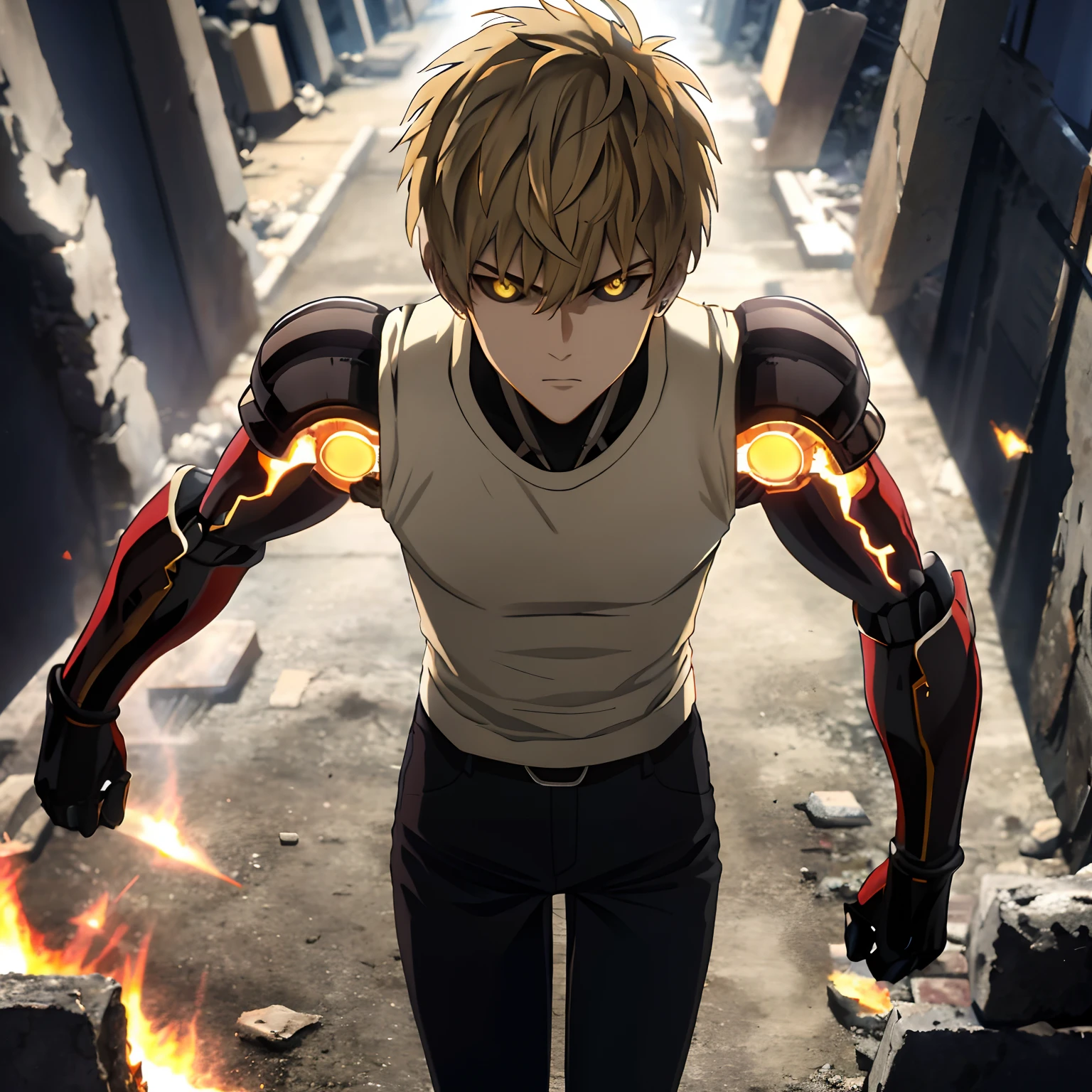 "(masterpiece, best quality: 1.4), colorful portrait, high contrast, genos white shirt, sleeveless, black pants, mechanical arms, bright, bright eyes, bright hands, standing on a destroyed City, flame everywhere, standing in battle position. Ready to fight!