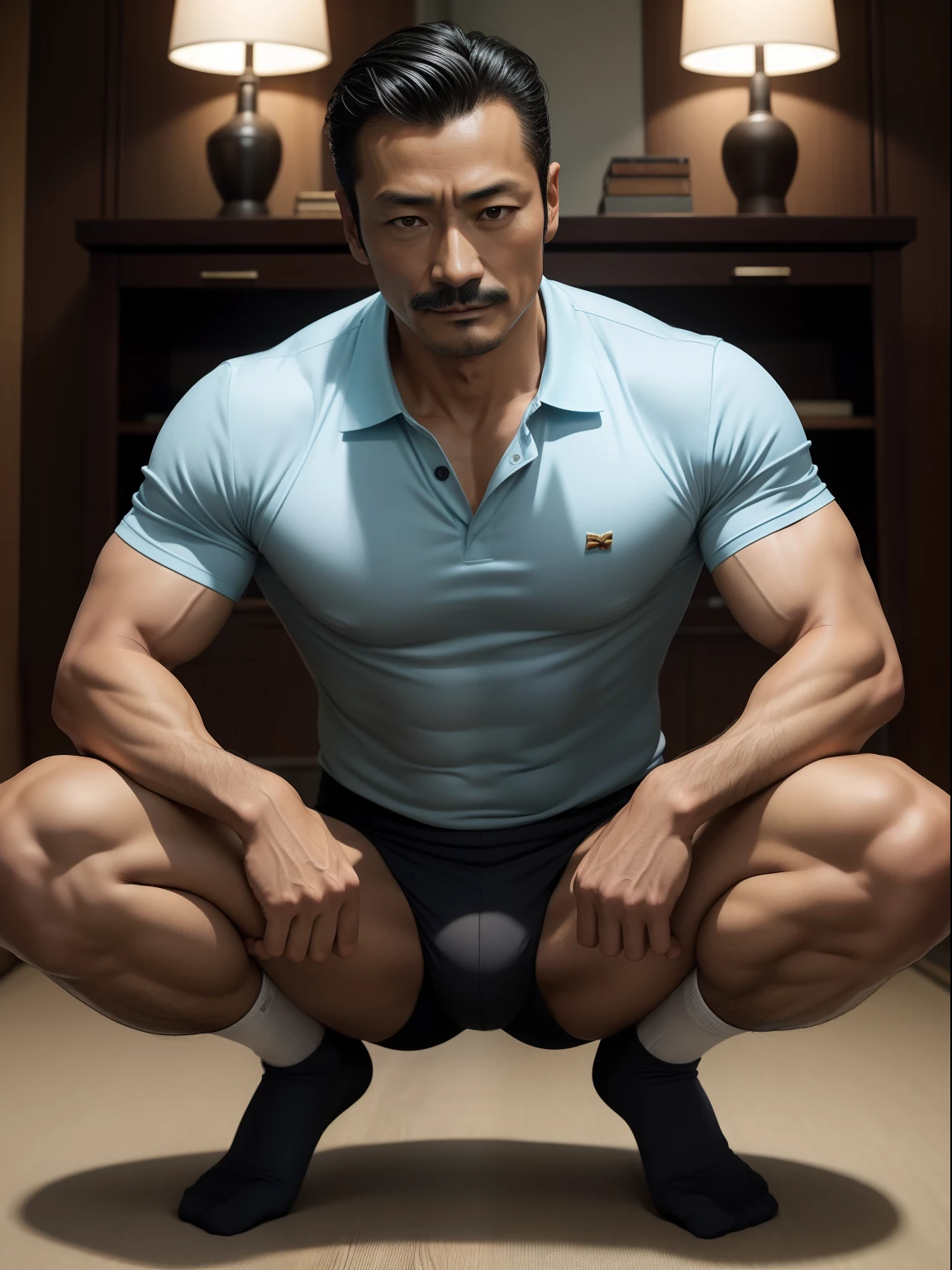 45 yers old，Hidetoshi Nakata ，（Kogoro Mouri 1.3），浴室，A muscular man crouches，Raised butt，leg wide open，Crotch contour，wearing an sexy underwear，Polo shirt，with mustache，tmasterpiece，k hd，the feet，semi transparent，black long socks，The barefoot，Thick chest hair，dark-skin，scowling，ssmile