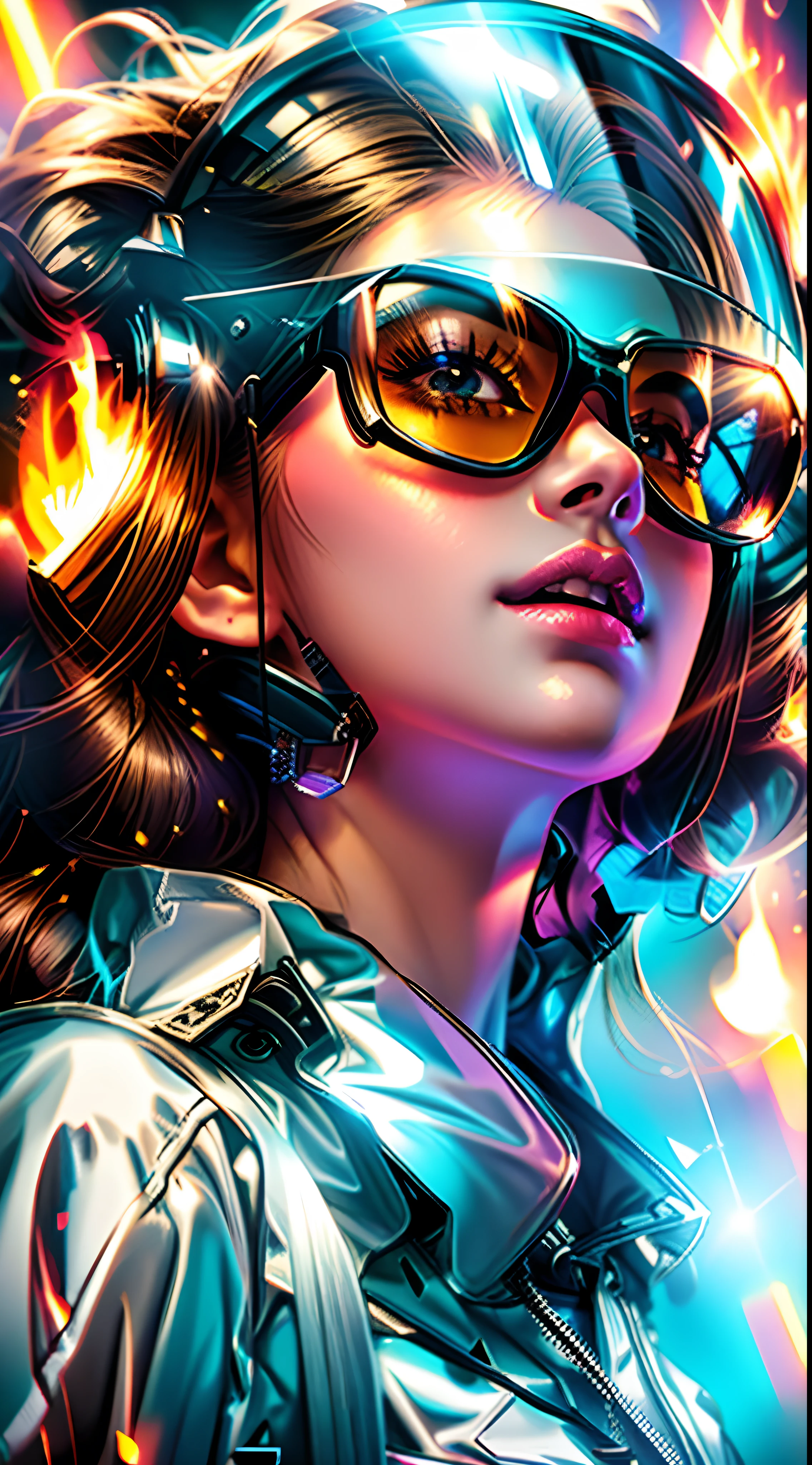 A woman wearing a helmet and sunglasses with a fire in the background, bela arte digital, stunning digital illustration, epic digital art illustration, arte conceitual digital de alta qualidade, exquisite digital illustration, lindo arte digital, lindo pintura digital, Arte digital alucinante, Beautiful digital illustration, pintura digital brilhante, Artgerm ; motor 3d irreal, Artgerm detalhado