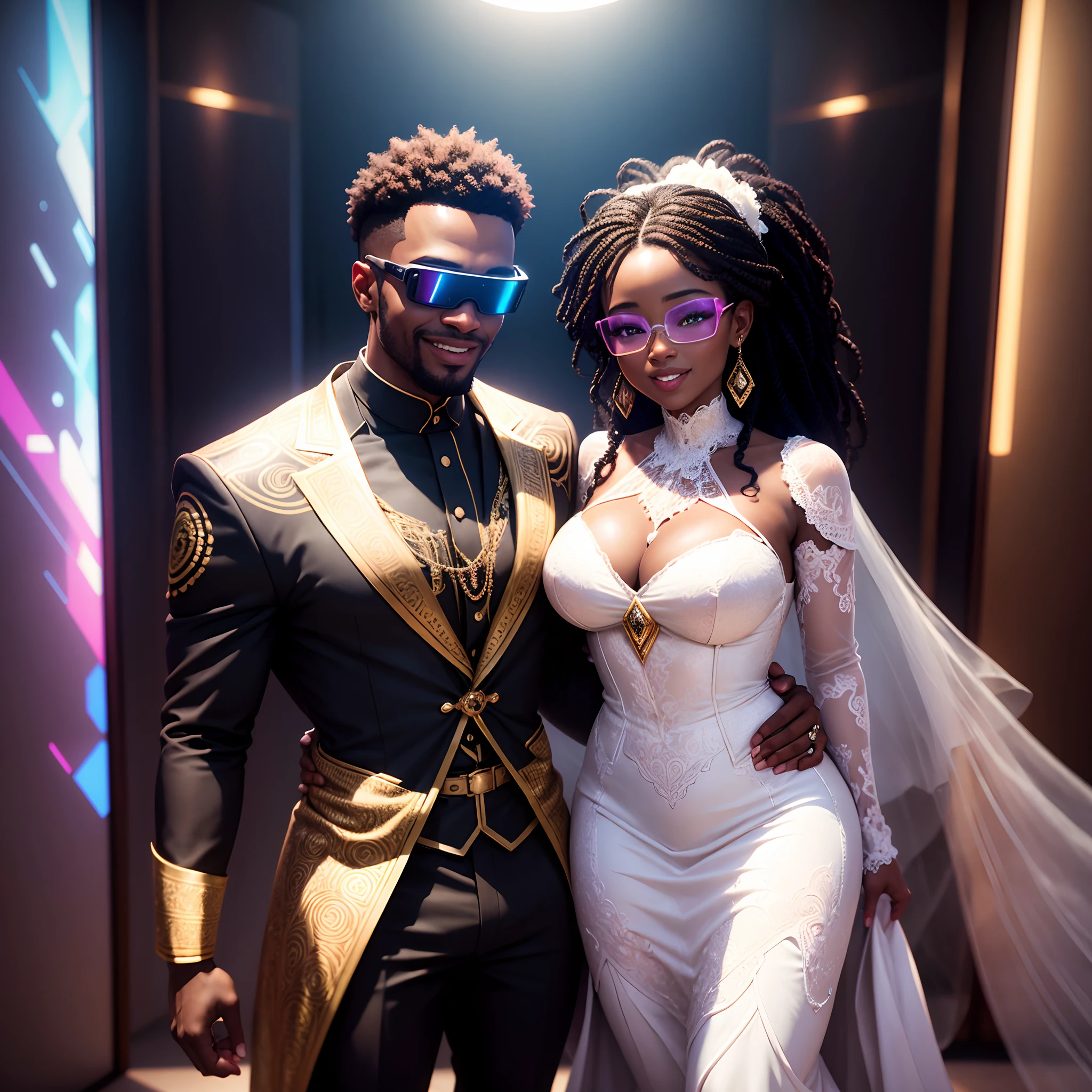 a happy Black man wedding a black woman both wearing VR glasses and african designed clothes getting married, in a room full of virtual screens, shining with beautiful and vibrant light, with iridescent light, photorealistic image, ultra HD, cinematic lighting, artgerm style, unreal engine rendered, 32k,