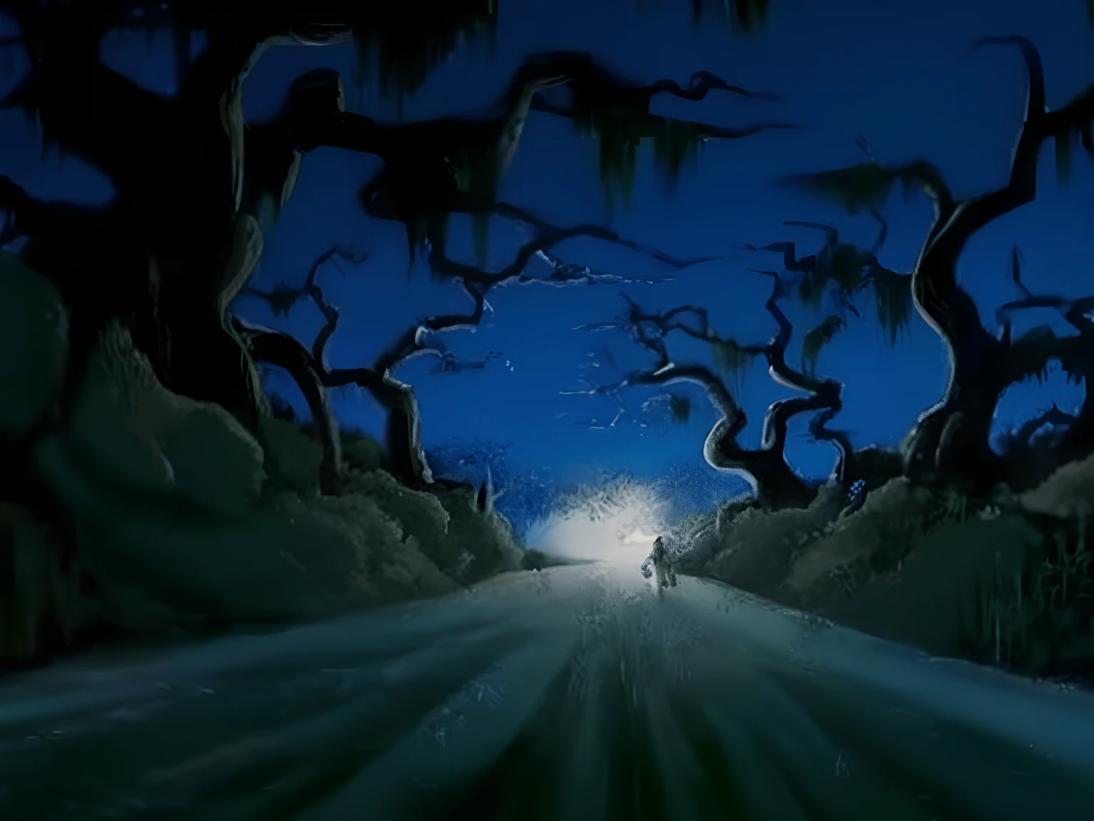 imagem de uma pessoa andando de moto por uma estrada, random background scene, style of disney animation, don bluth animation, ainda de filme de terror animado, cena de filme animado, cena mal-humorada dos desenhos animados, uma imagem de uma floresta iluminada pela lua, arte conceitual disney, arte de fundo do anime, in a forest at night, Floresta Assombrada, em uma colina vazia ao luar