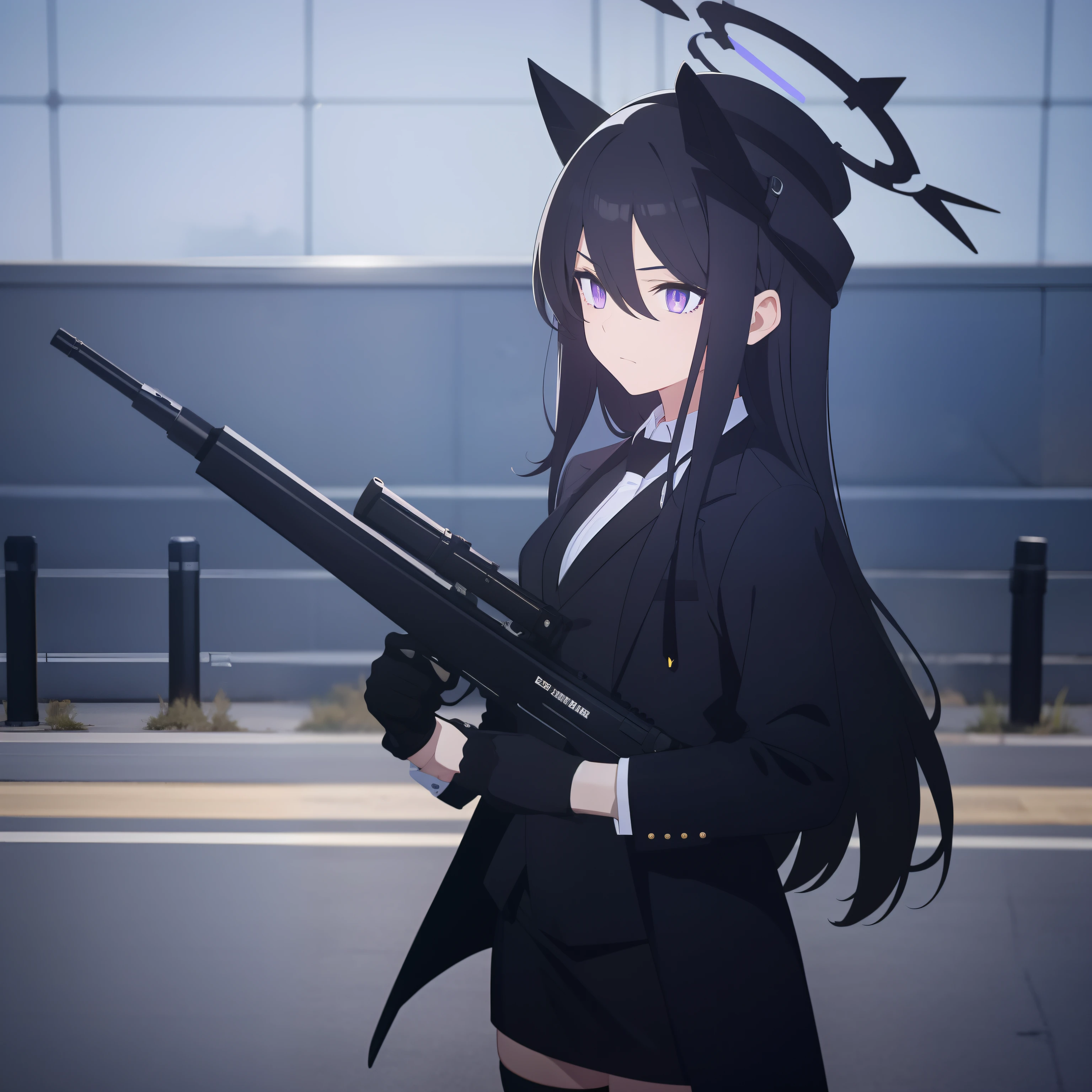 1girl, black hat, tactical black railed headset, purple eyes, focused, black long messy hair, black suit, black tie, white shirt inside suit, black neck collar, black stockings, black shoes, tactical radio, on position, guarding, black handgun holster, white tactical belt, holding a handgun, bullets, stance, holding tactical radio, black skirt, serious, cautious, holding gun, armed, holding rocket launcher, black rocket launcer, Carl Gustaf Rocket Launcher, black Halo, Base 794, Military Base Pointguard, holding Rocket Launcher with Scope, black gloves