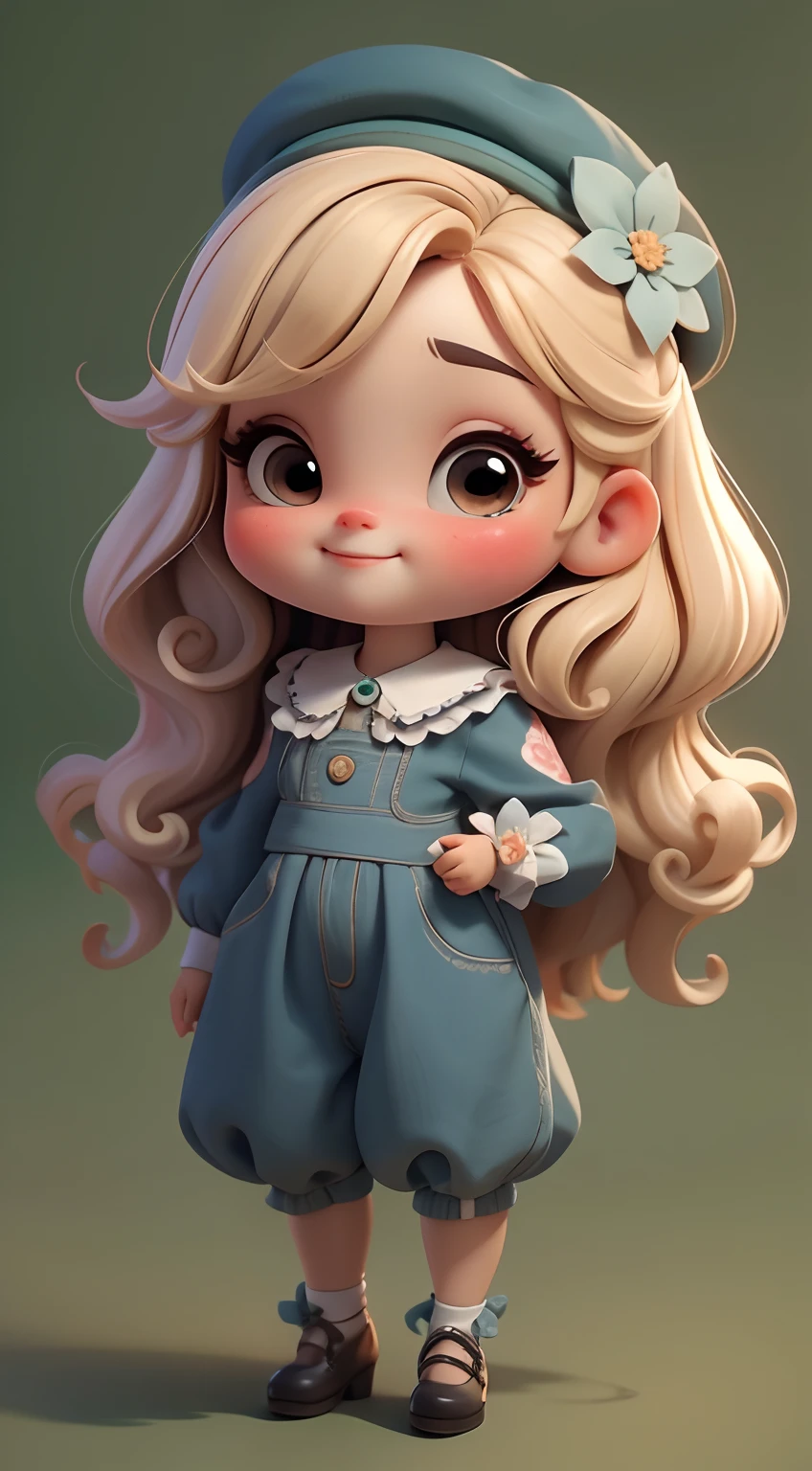 Create a series of cute  chibi style loliolls with a cute forest theme, sorridente e fofa, each with lots of detail and in an 8K resolution. All dolls should follow the same solid background pattern and be complete in the image, mostrando o (corpo inteiro, incluindo as pernas: 1.5)

Boneca fada: Chame-a de Bella. Ela deve ter cabelo longo e cacheado em tons moreno e preto. Seus olhos devem ser grandes e brilhantes, with long eyelashes and rosy cheeks. Bella should be dressed in a country-style jumpsuit, delicado, florido e detalhado. She should wear a hat and no accessories on her hands, deixando elas sem nada. Don't forget the details, com detalhes coloridos e enfeites encantadores, sapato bonito

Certifique-se de adicionar sombras, texturas e detalhes nos cabelos, roupas de cada boneca, to make them even more adorable and charming.