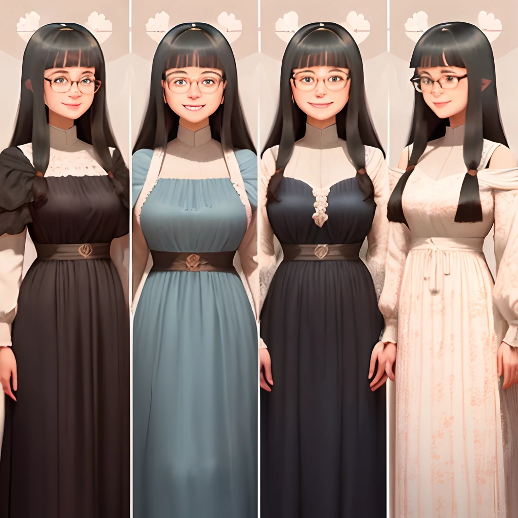 Petty women shoulder length hair with bangs, heart-shaped face, wearing glasses and long dress, smiling warmly, radiating happiness, appears surprised, full body character sheet --ar 4:3 --niji 5