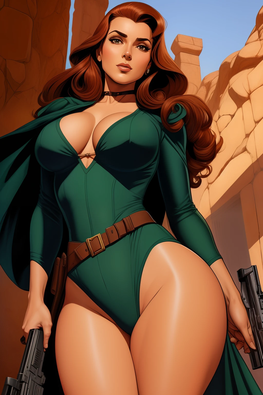 Arte similar Jonh Buscema,1garota,cabelos longos sedosos,cabelos ruivos,olhos verdes, oficial de espionagem, super realista, middlebreasts, roupa militar feminina, olhar sedutor, postura sensual, 4K分辨率, Lotes Cameltoe, lotes de dedo de camelo, Sentido Superior, pelos ruivos, Holding a pistol in your hands, World War II Scenario