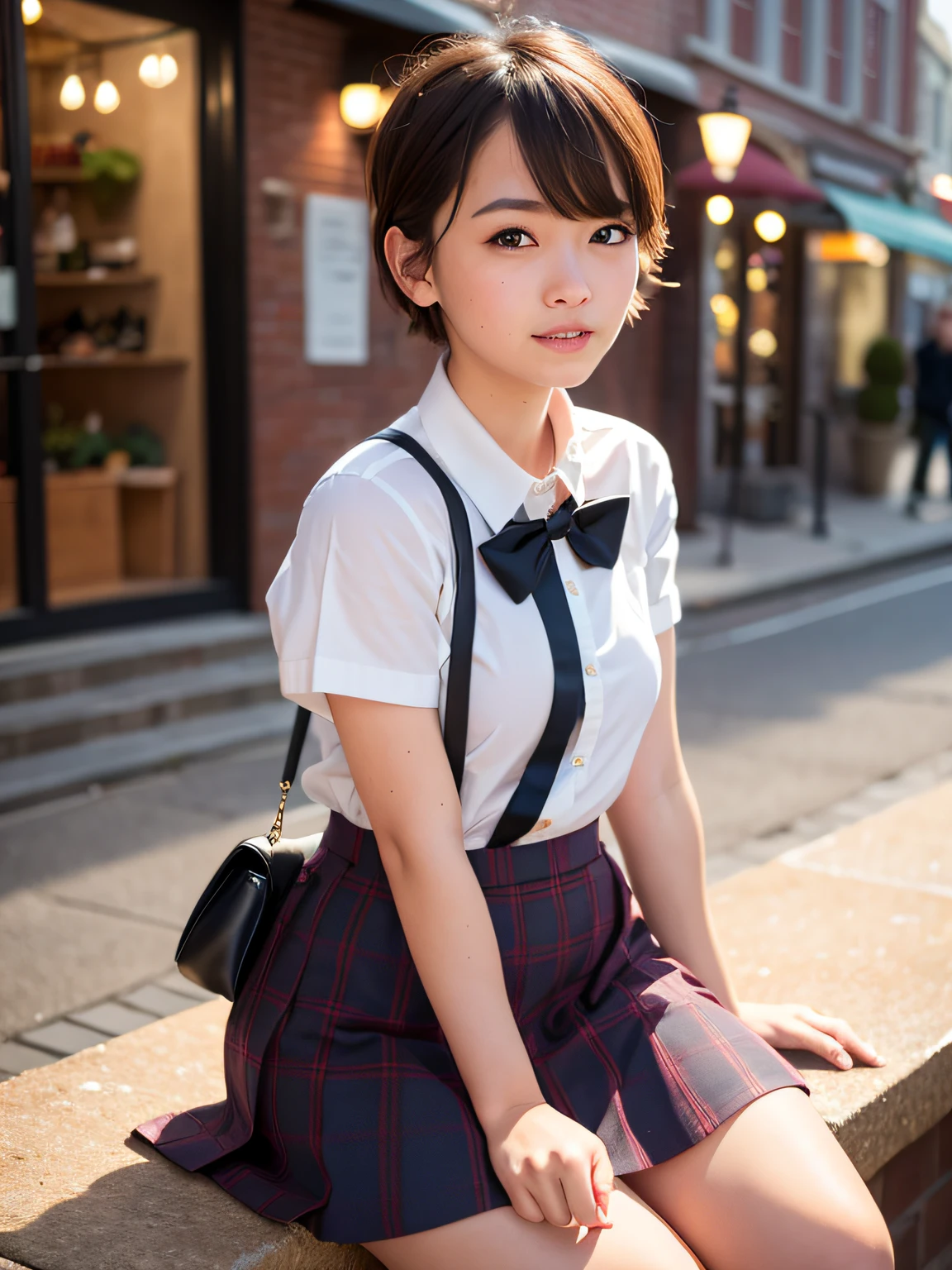 (8K, RAW photo, Best Quality, Masterpiece: 1.2), (Realistic, Photorealistic: 1.37), Ultra HD, 1 girl, Cute, Solo, Beautiful sky, Detailed cafe, Night, Sitting, date, (nose lip), (smile: 1.1), (closed), medium breasts, beautiful eyes, (collared shirt: 1.1), bow tie, pleated skirt, (short hair: 1.2), floating hair