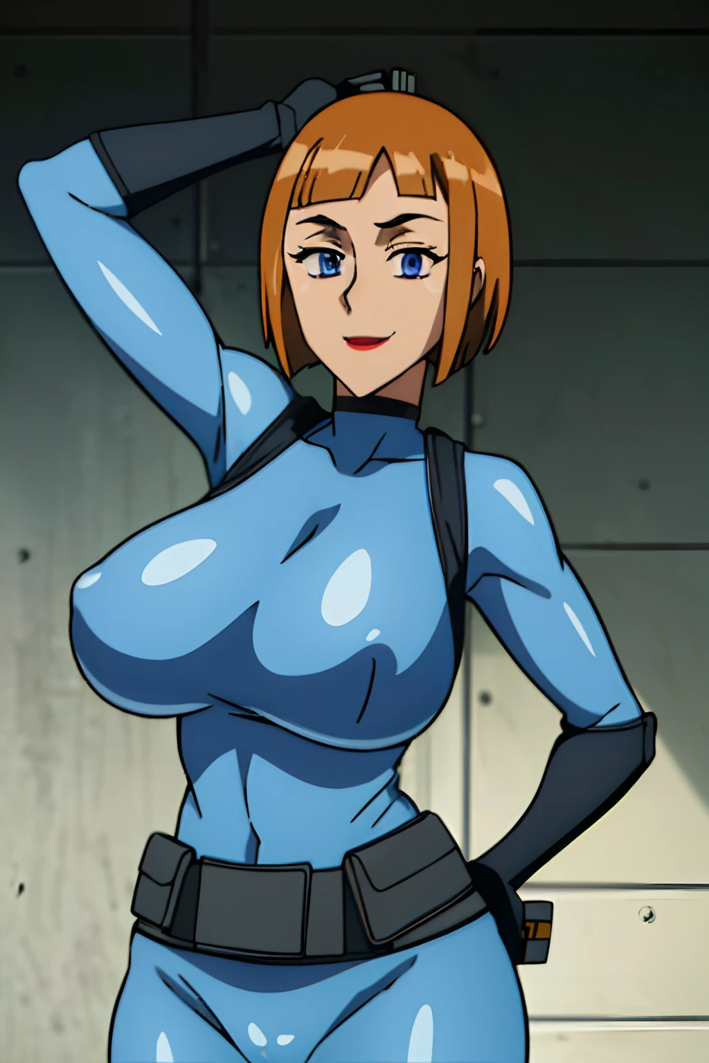 ((maddie_fenton 1.8)), ((((skintight suit 1.9)))), lab background,1girl,best quality, sharp focus,(Masterpiece), (Best Quality), soft lighting,(specular lighting:1.2),solo, bobcut, upper body, ((huge breasts 1.7)), sky blue suit, black gloves, brown hair, (((wide hips 1.5))), (((black belt with one pouch for her equipment 1.8))),violet eyes, specular suit, detailed eyes, black choker, seductive smile, detailed eyes, red lips, (((huge ass 1.5))),curvy, mask on