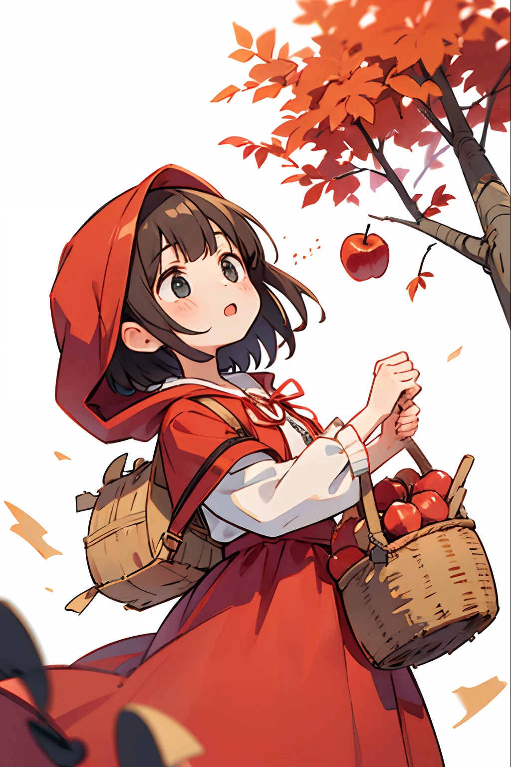 Girl dressed to go on an adventure、Dressed as Little Red Riding Hood、bustup、Walking while humming、Looks like a lot of fun、There is a basket with apple pie、Take low-angle shots from the side