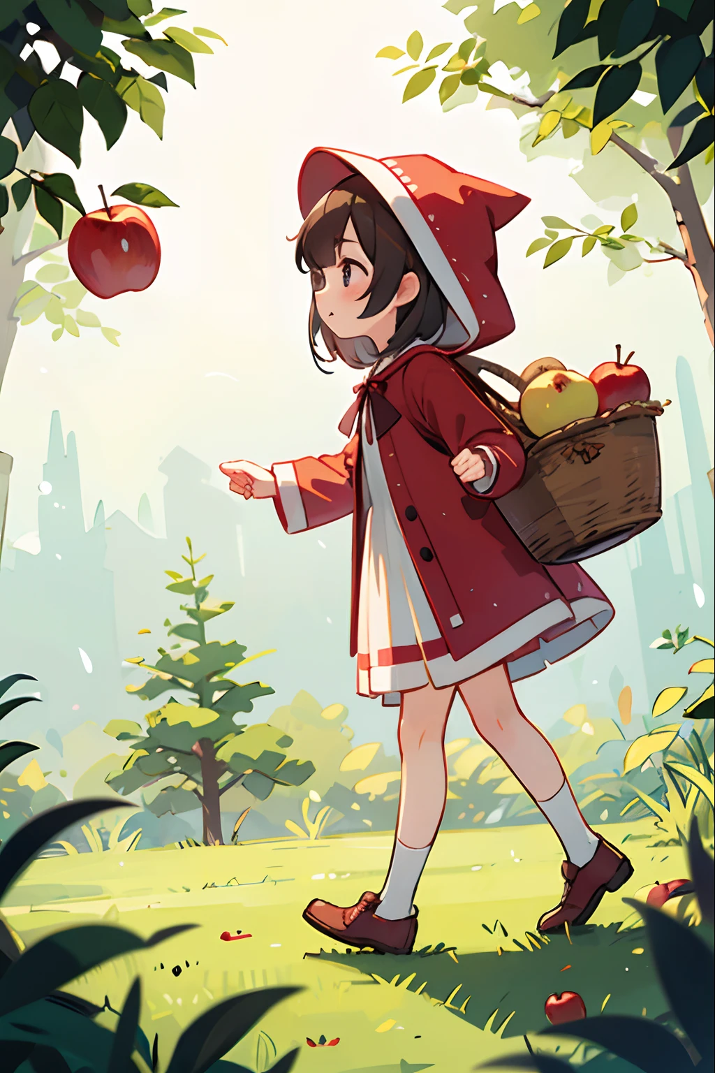 Girl dressed to go on an adventure、Dressed as Little Red Riding Hood、bustup、Walking while humming、Looks like a lot of fun、There is a basket with apple pie、Take low-angle shots from the side
