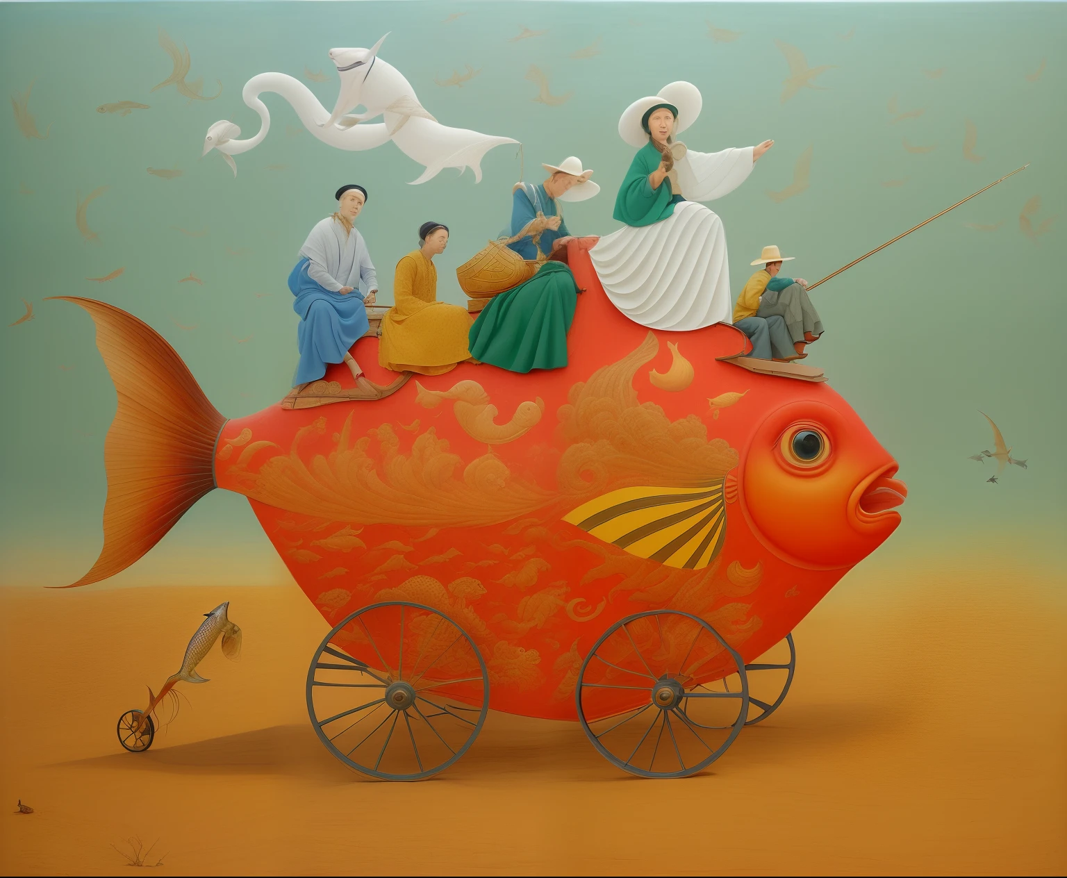 Painting of a fish with people riding on it and a man on a wagon, by Ivan Generalić, inspired by Ivan Generalić, Adriano Borda, Directed by: Mykola Burachek, Surrealismo caprichoso, Directed by: Orshi Drozdik, Directed by: Mstislav Dobuzhinsky, magically shaped surrealism, Directed by: Yi Inmun