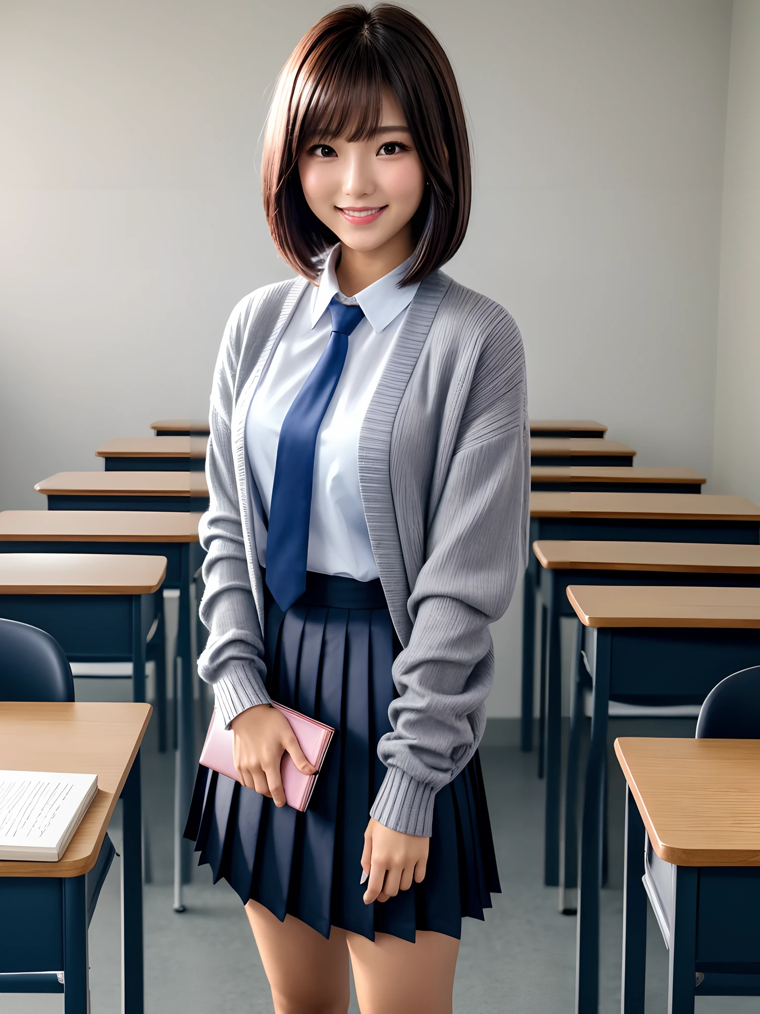 product quality, 1girl, upper body shot, front view, a Japanese young pretty woman, bob hair, standing with a big smile in a crowded classroom of a high school, holding textbooks in her both arms, glamorous figure, wearing a long length gray knitted cardigan over a white collared silky shirt with shiny satin dark blue plain long tie, wearing a dark blue pleated long skirt, hyper cute face, glossy lips, double eyelids in both eyes, natural makeup, long eyelashes, shiny smooth light brown bob hair, asymmetrical bangs, a tanned skin, central image, high resolution, high detail, detailed hairstyle, detailed face, spectacular cinematic lighting, octane rendering, vibrant, hyper realistic, perfect limbs, perfect ???????