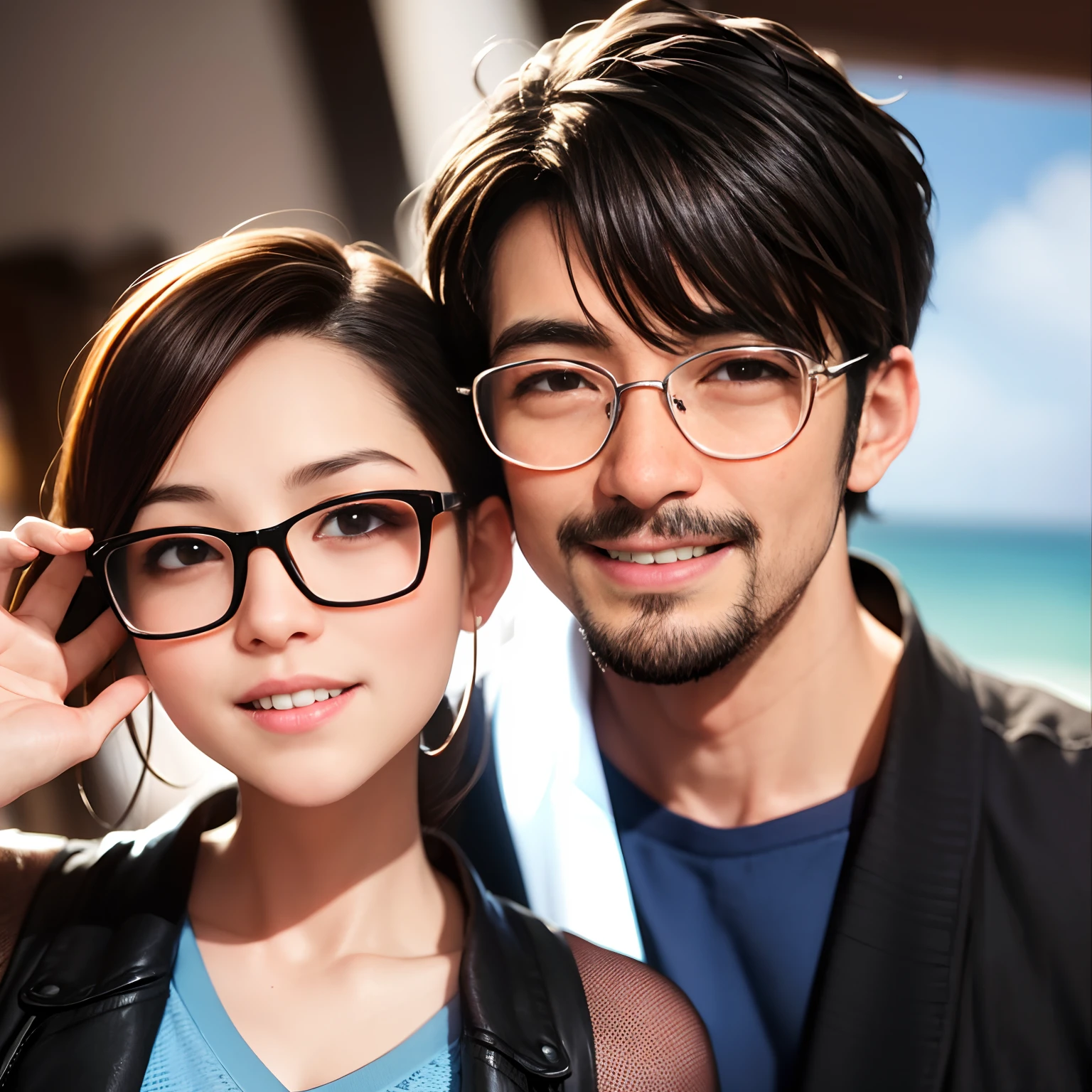 there is a man and woman posing for a picture together, com nerd! glasses! e cavanhaque, with nerdy glasses and goatee, Fotografia tirada em 2 0 2 0, vacation photo, taken in the early 2020s, Tyler Edlin e Natasha Tan, foto do perfil, foto de perfil headshot, retrato de casais, foto de perfil 1024px
