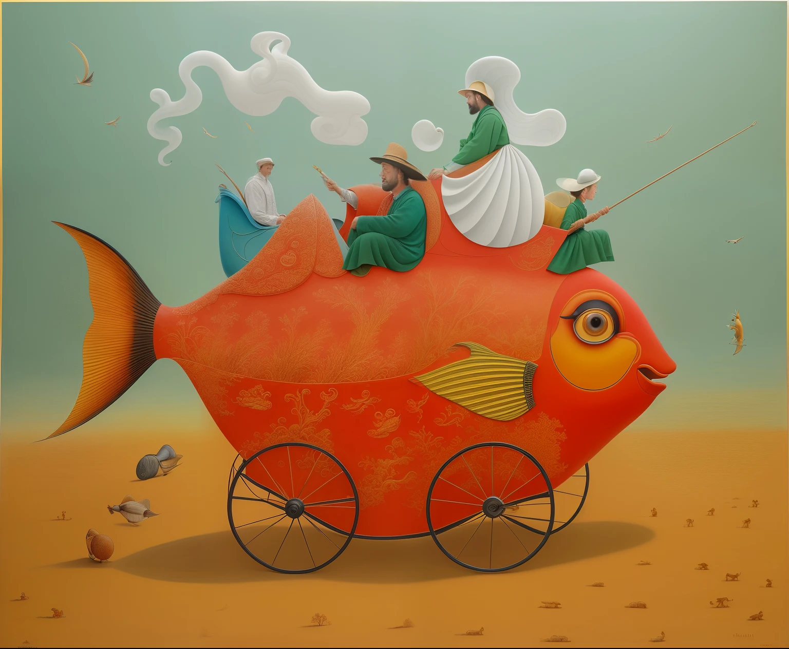 Painting of a fish with people riding on it and a man on a wagon, by Ivan Generalić, inspired by Ivan Generalić, Adriano Borda, Directed by: Mykola Burachek, Surrealismo caprichoso, Directed by: Orshi Drozdik, Directed by: Mstislav Dobuzhinsky, magically shaped surrealism, Directed by: Yi Inmun