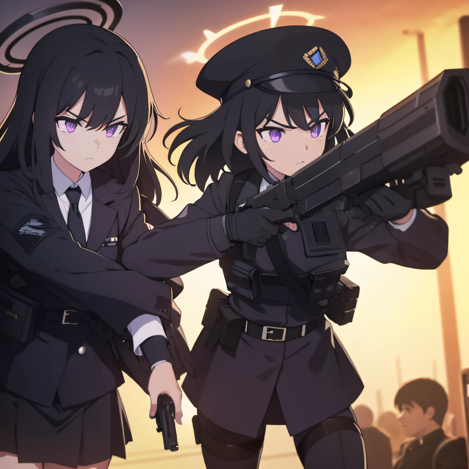 2girls, black hat, tactical black railed headset, purple eyes, focused, black long messy hair, black suit, black tie, white shirt inside suit, black neck collar, black stockings, black shoes, tactical radio, on position, guarding, black handgun holster, white tactical belt, holding a handgun, bullets, stance, holding tactical radio, black skirt, serious, cautious, holding pistol, armed, black Halo, Base 794, Military Base Pointguard, black gloves, tactical vest, armor, armor pads, tactical armor, holsters, girl with short pink hair wearing school clothes