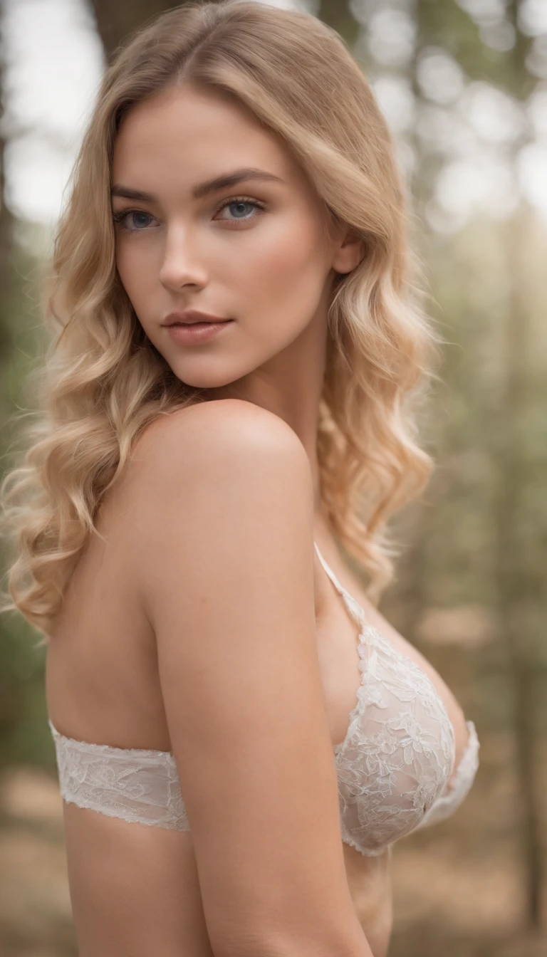 Femme sexy, 20 ans, ass, butt, Mince, athletic, glowing tanned skin, huge breasts, taille mince, curly blonde hair, lingerie blanche, Realstic, photographie, real, naturel, yeux bleu