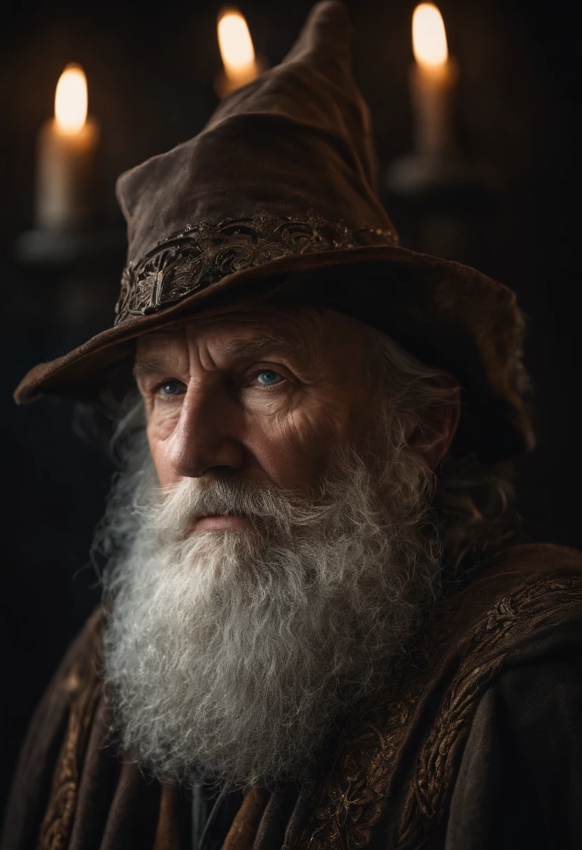 A portrait of a wizard, bearded, wrinkled, weathered, with piercing eyes, detailed face, high details, photography, dark studio, rim light, Nikon D850, 50mm, f/1.4