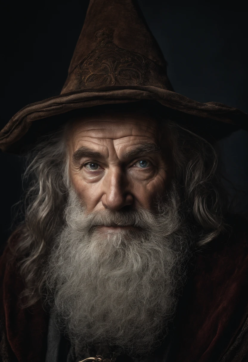 A portrait of a wizard, bearded, wrinkled, weathered, with piercing eyes, detailed face, high details, photography, dark studio, rim light, Nikon D850, 50mm, f/1.4