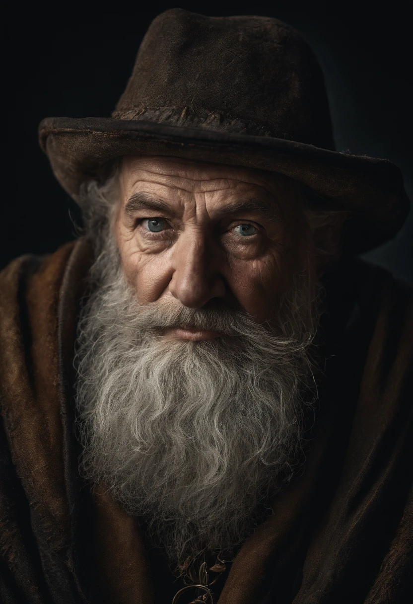 A portrait of a wizard, bearded, wrinkled, weathered, with piercing eyes, detailed face, high details, photography, dark studio, rim light, Nikon D850, 50mm, f/1.4