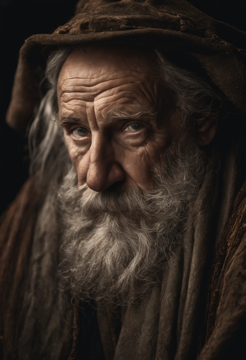 A portrait of a wizard, bearded, wrinkled, weathered, with piercing eyes, detailed face, high details, photography, dark studio, rim light, Nikon D850, 50mm, f/1.4