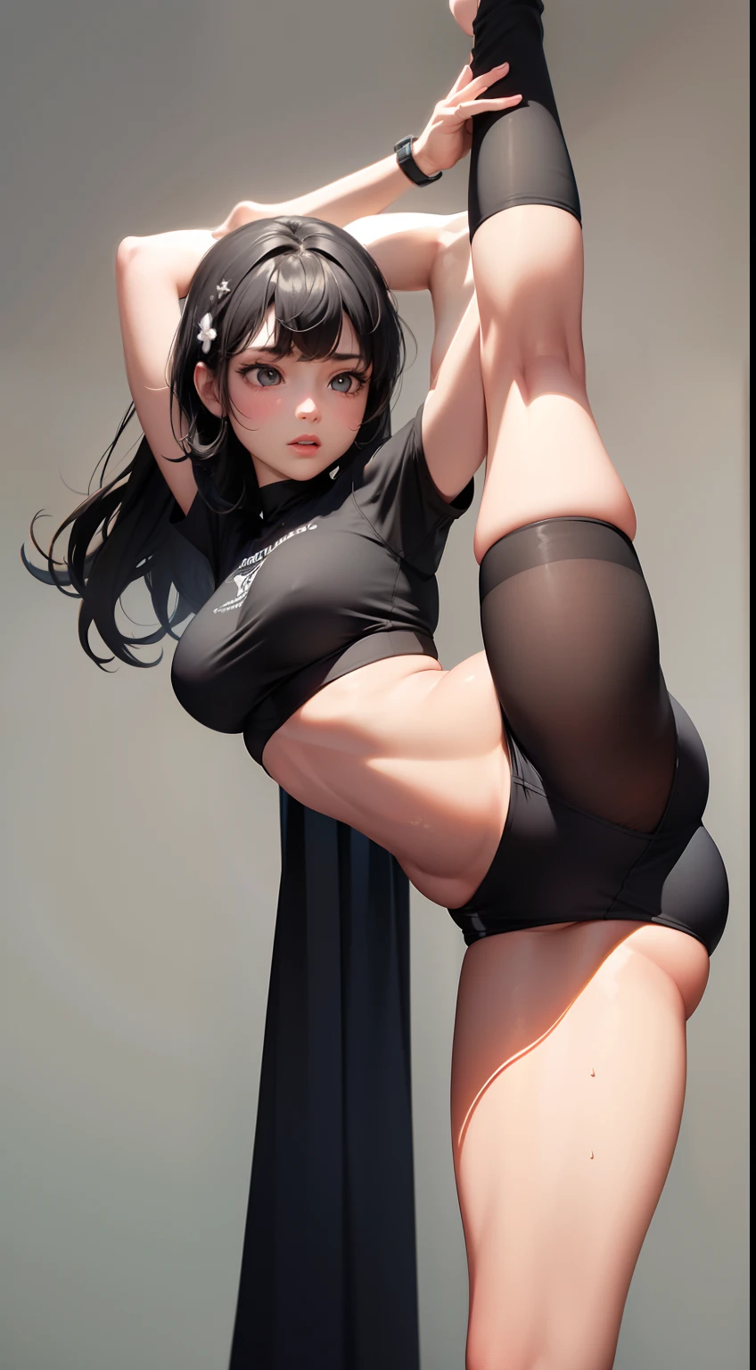 Solo, girl, full body view, ((view from low angle, semi view from side)),focus lower half body, flexible, girl standing alone doing standing split,((1leg on ground, girl standing)),(standing on one leg:1.2), (standing split:1.3), big breasts, (long black hair, beautiful girl, detailed face, detailed eyes, mono girls face), realistic, raytracing,pores:1.5, colors, hyperdetailed:1.5, film grain:1.4, hyperrealistic: 1.5), hyper-realistic lifelike texture, masterpiece,