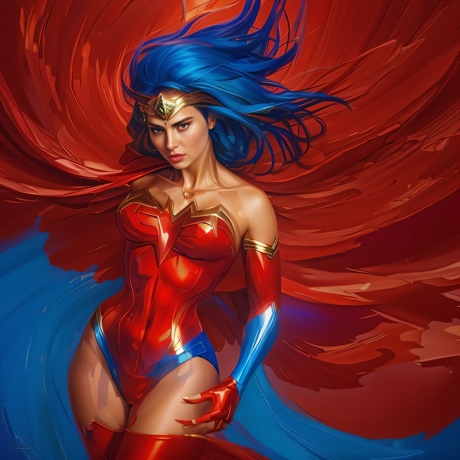 a painting of a woman in a blue and red costume, artgerm colorful!!!, artgerm and warren louw, artgerm style, artgerm comic, artgerm jsc, artgerm art, artgerm 4 k, chris moore. artgerm, portrait of wonder woman, graphic artist artgerm