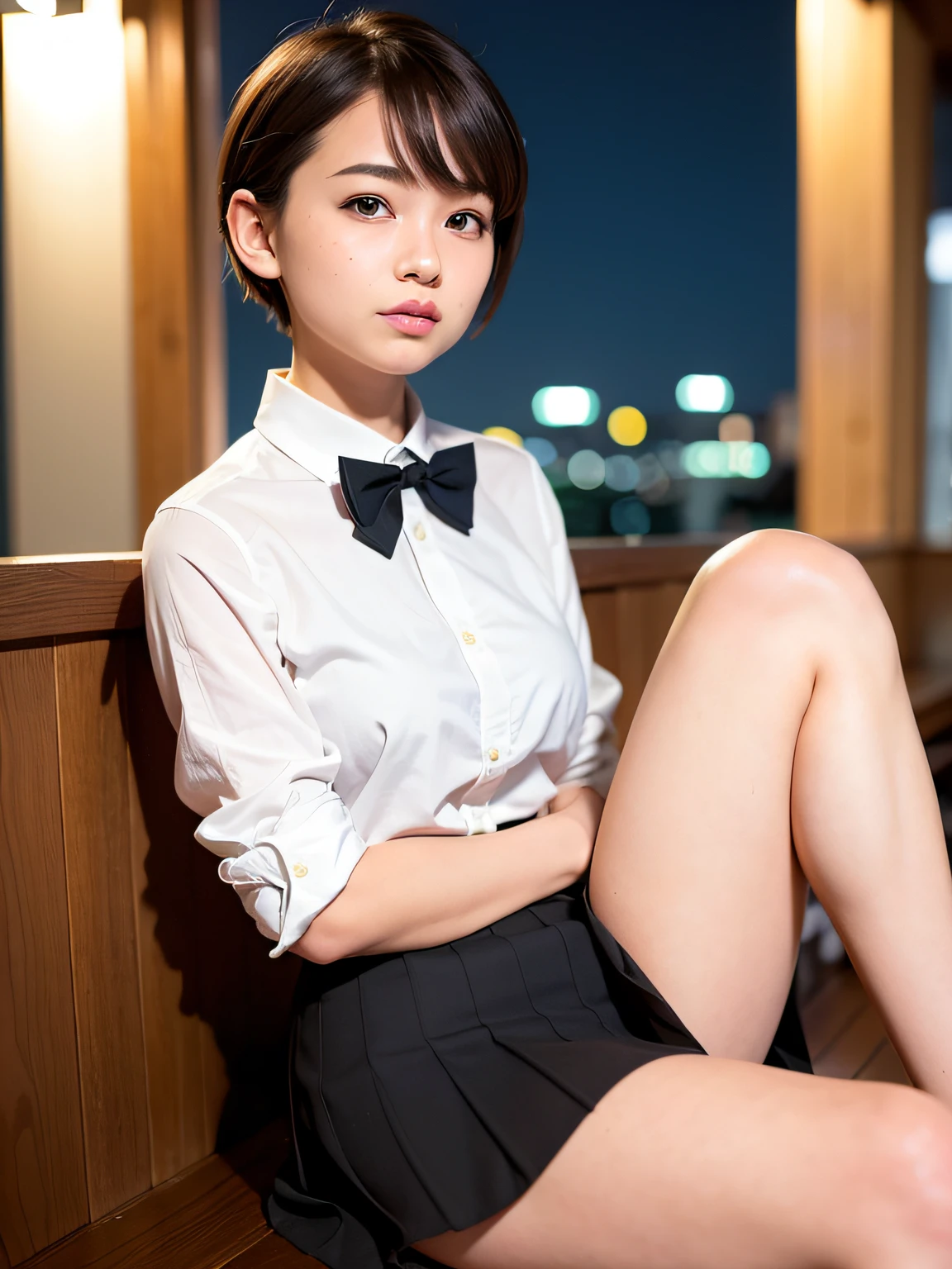 (8k, RAW photo, Best quality, Masterpiece: 1.2), (Realistic, Photorealistic: 1.37), Super detailed, 1 girl, Cute, Alone, Beautifully detailed sky, Detailed cafe, Night, Sitting , date, (nose blush), (smile: 1.1), (closed mouth) medium chest, beautiful detailed eyes, (collared shirt: 1.1), bowtie, pleated skirt, (short hair: 1.2), floating hair