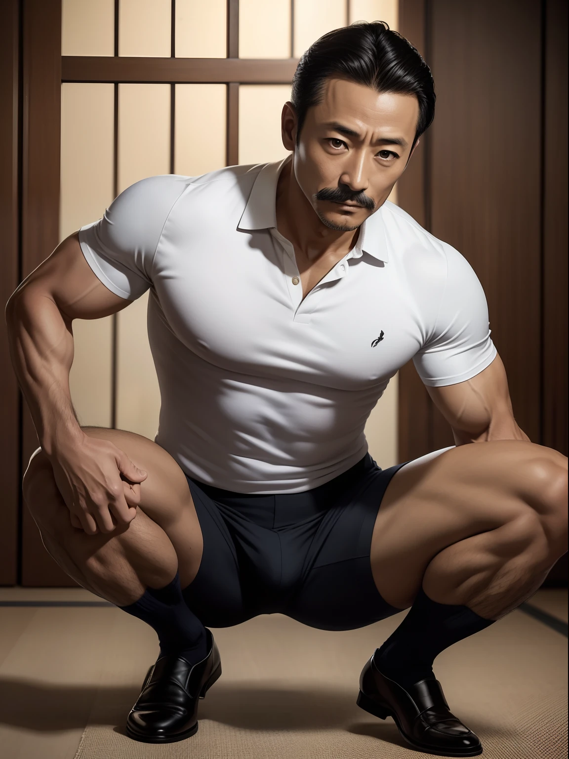 45 yers old,Hidetoshi Nakata ,(Kogoro Mouri 1.3),浴室,A muscular man crouches,Raised butt,leg wide open,Crotch contour,wearing an sexy underwear,Polo shirt,with mustache,tmasterpiece,k hd,the feet,semi transparent,black long socks,Thick chest hair,dark-skin,scowling,ssmile